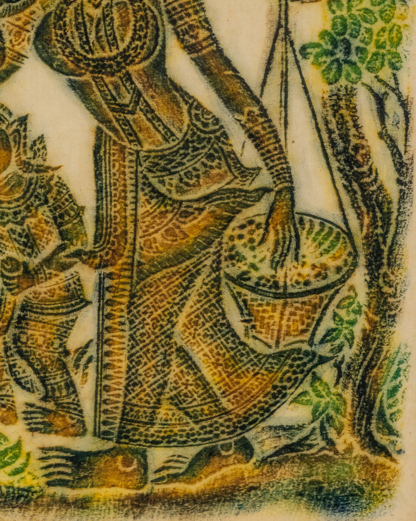 No Reserve- Thai Temple Figural Rubbing on Paper, Mythological Scene with Birds and Children - 7
