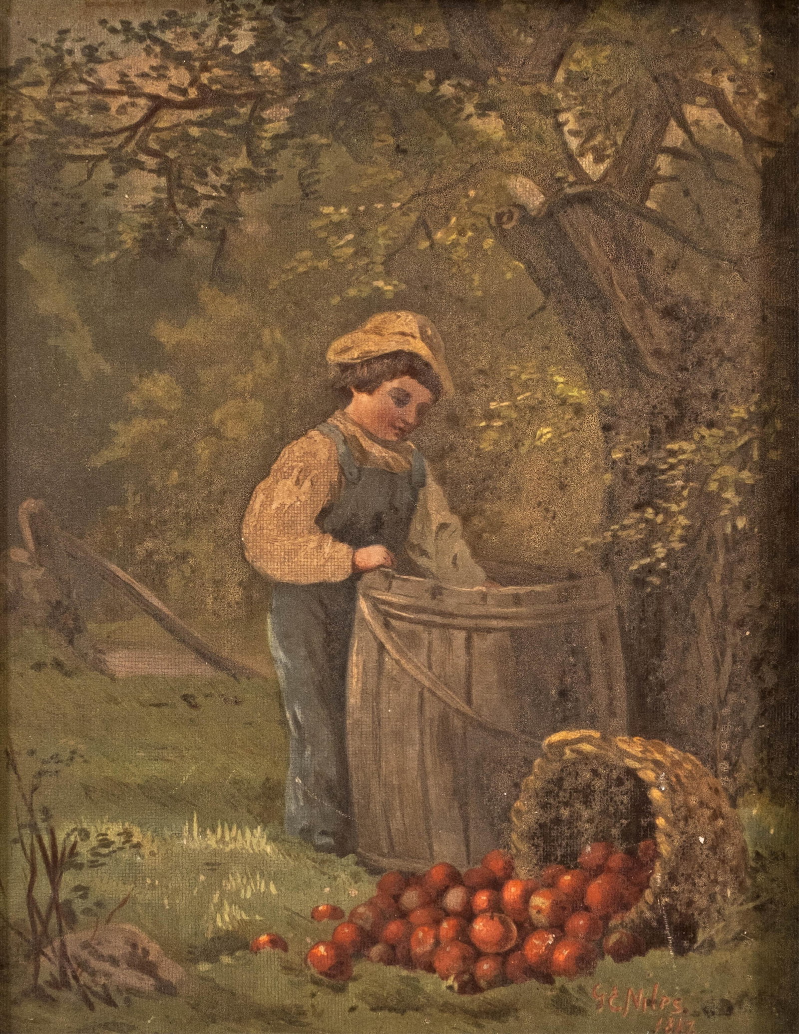 No Reserve- Louis Prang "Under the Apple Tree", Figurative Chromolithograph after George Niles, Late (1 of 8)