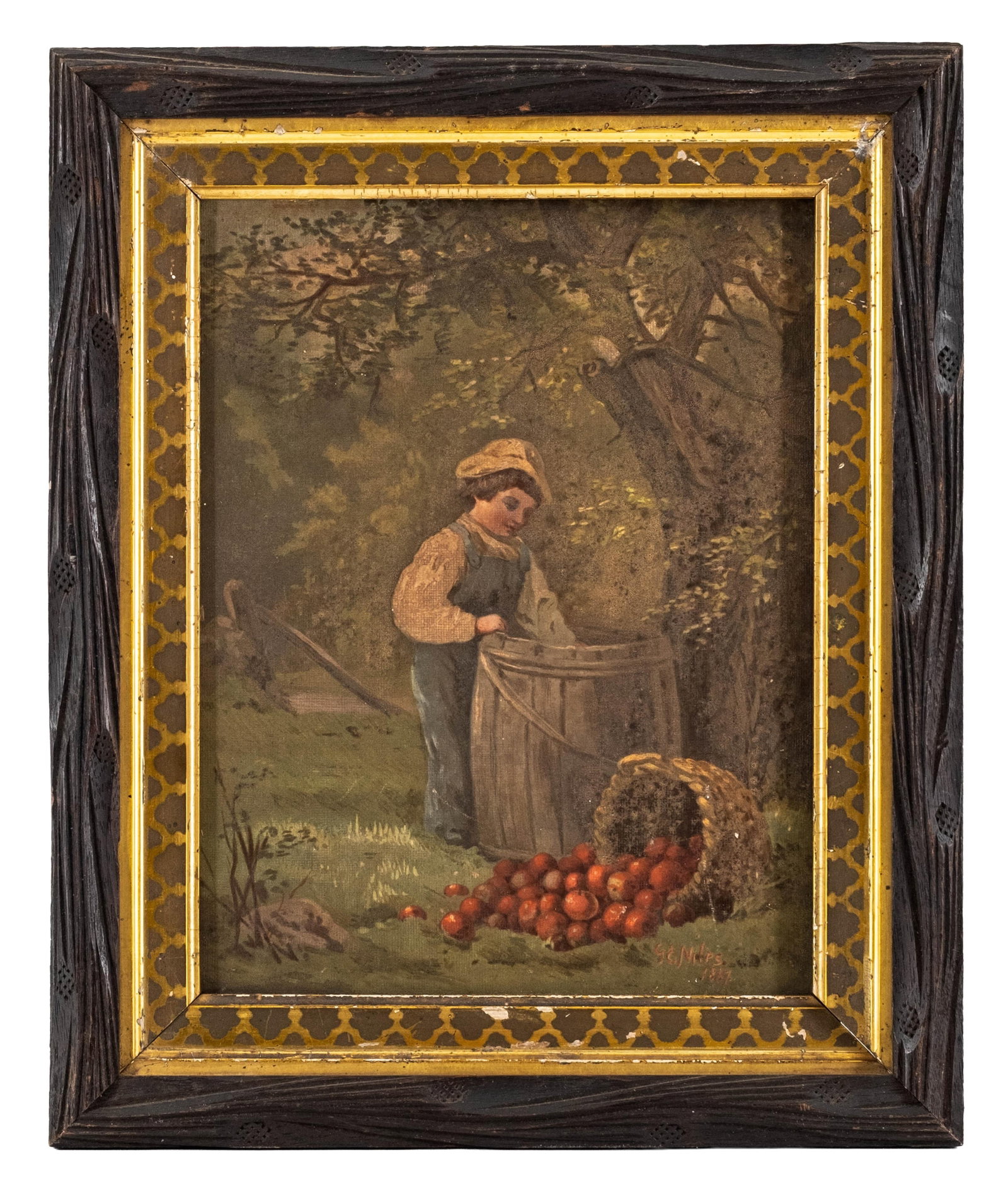 No Reserve- Louis Prang "Under the Apple Tree", Figurative Chromolithograph after George Niles, Late - 3