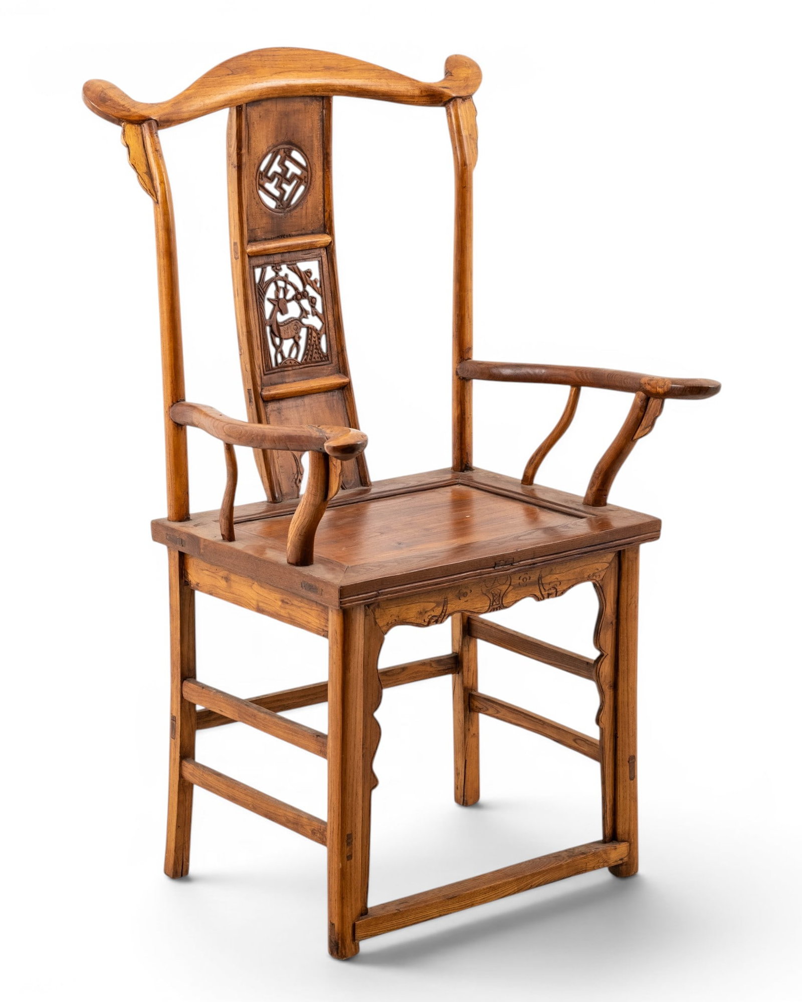No Reserve: Chinese Qing Dynasty Carved Wood Yoke-Back Armchair with Openwork Splat: Keywords: Chinese Furniture, Asian Furniture, Carved Wood, High Back, Arched Crest Rail, Openwork Splat, Shou Symbol, Longevity Motif, Paneled Seat, Traditional Chinese, Scholar’s Chair Summary: Chi