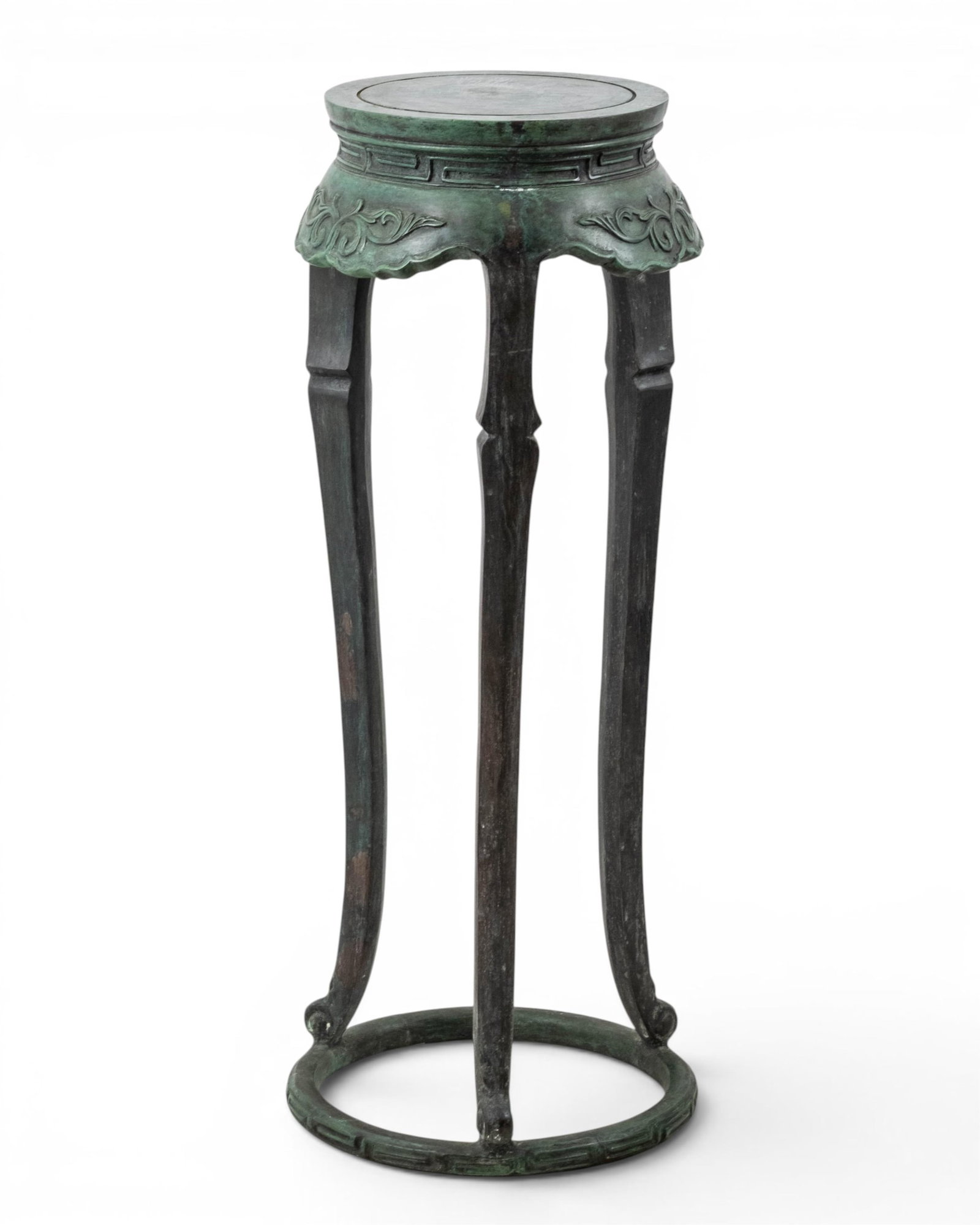 French Chinoiserie Chinese-Form Cast Bronze Tall Fern Stand, Early-Mid 20th Century: Keywords: Asian Decor, Chinoiserie, Verdigris, Display Stand, Jardiniere Stand, Tripod Base, Ornate Apron, Sculptural Furniture, Decorative Arts Summary: Chinoiserie Antique Chinese form bronze cast t