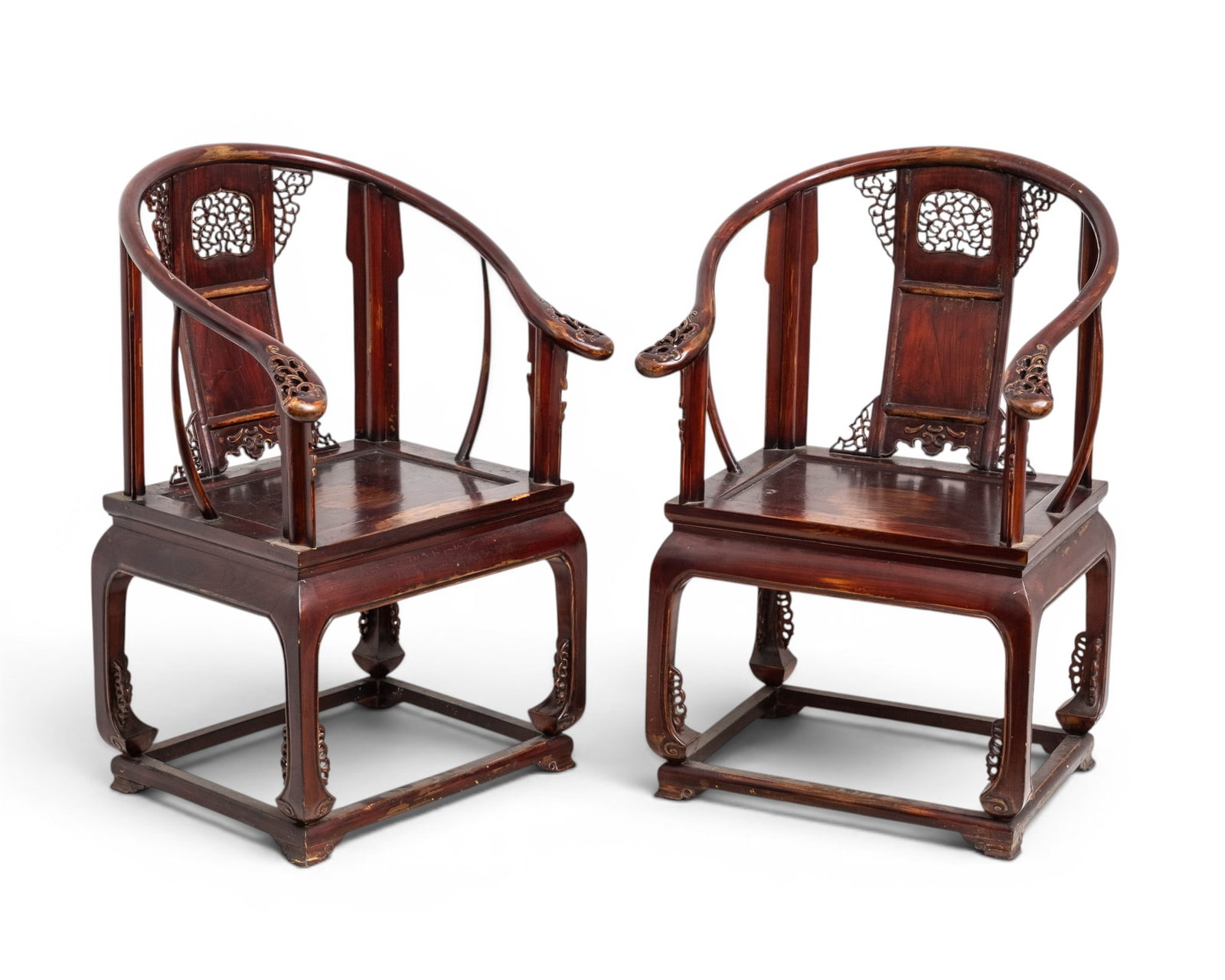 Pair of Chinese Huanghuali Style Carved Elm Horseshoe-Back Armchairs, 20th Century (1 of 8)