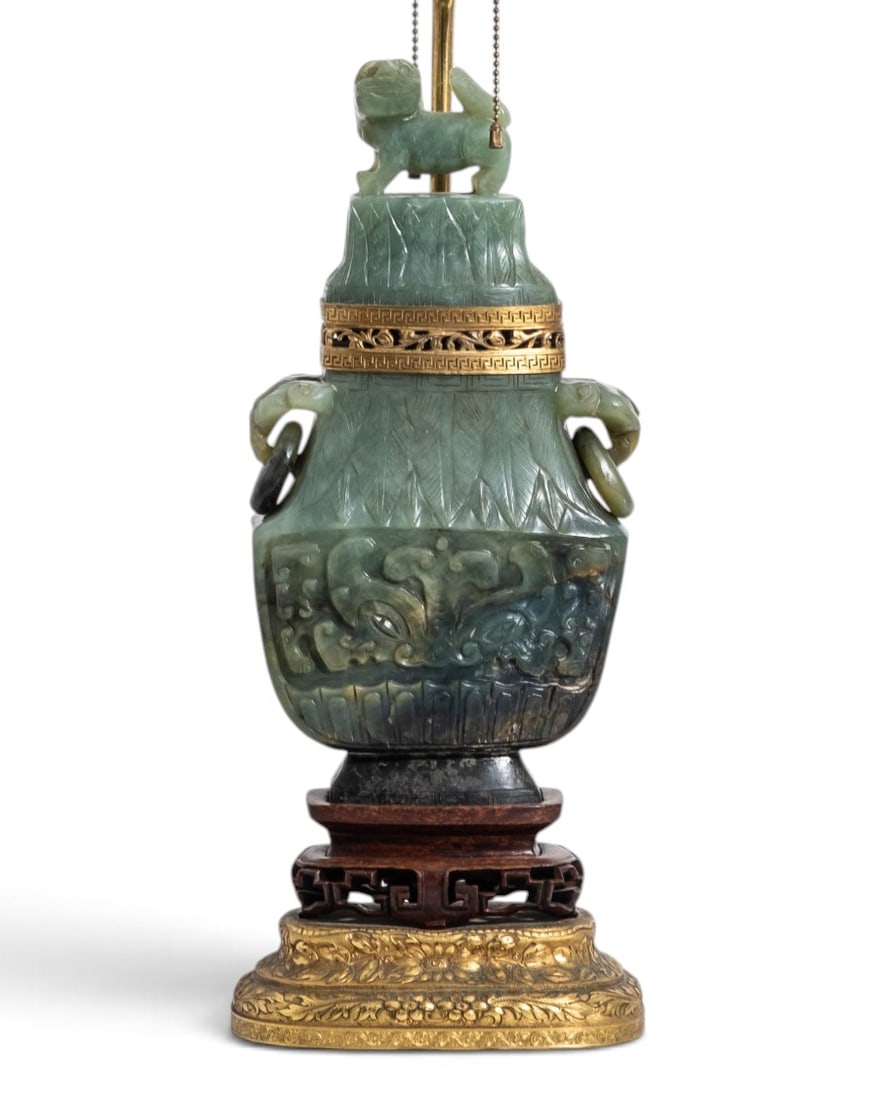 Chinese Qing Dynasty Archaic Style Carved Jade Vase Mounted as a Lamp (1 of 12)