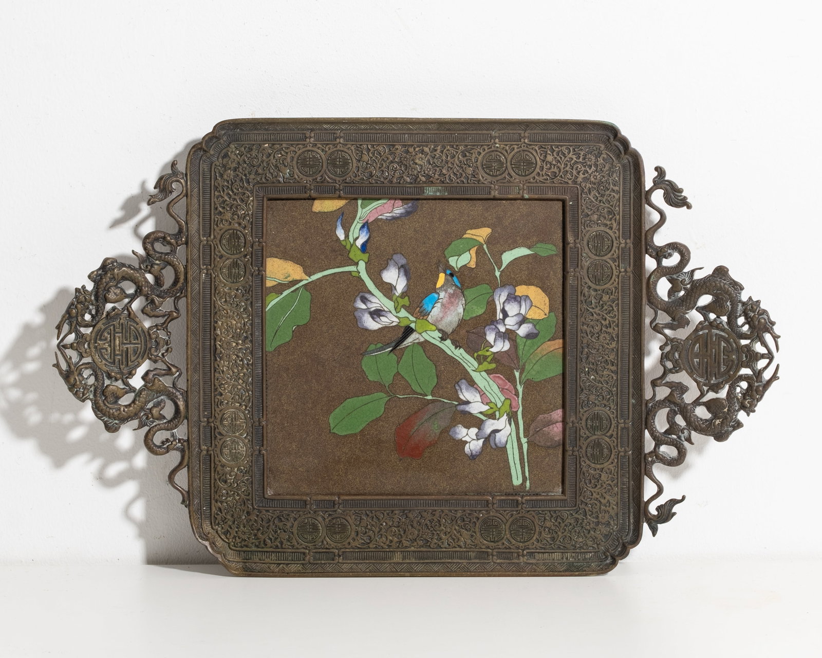 Chinese Late Qing Period Bronze Tray with Cloisonné Enamel Bird Panel & Dragon Handles (1 of 5)