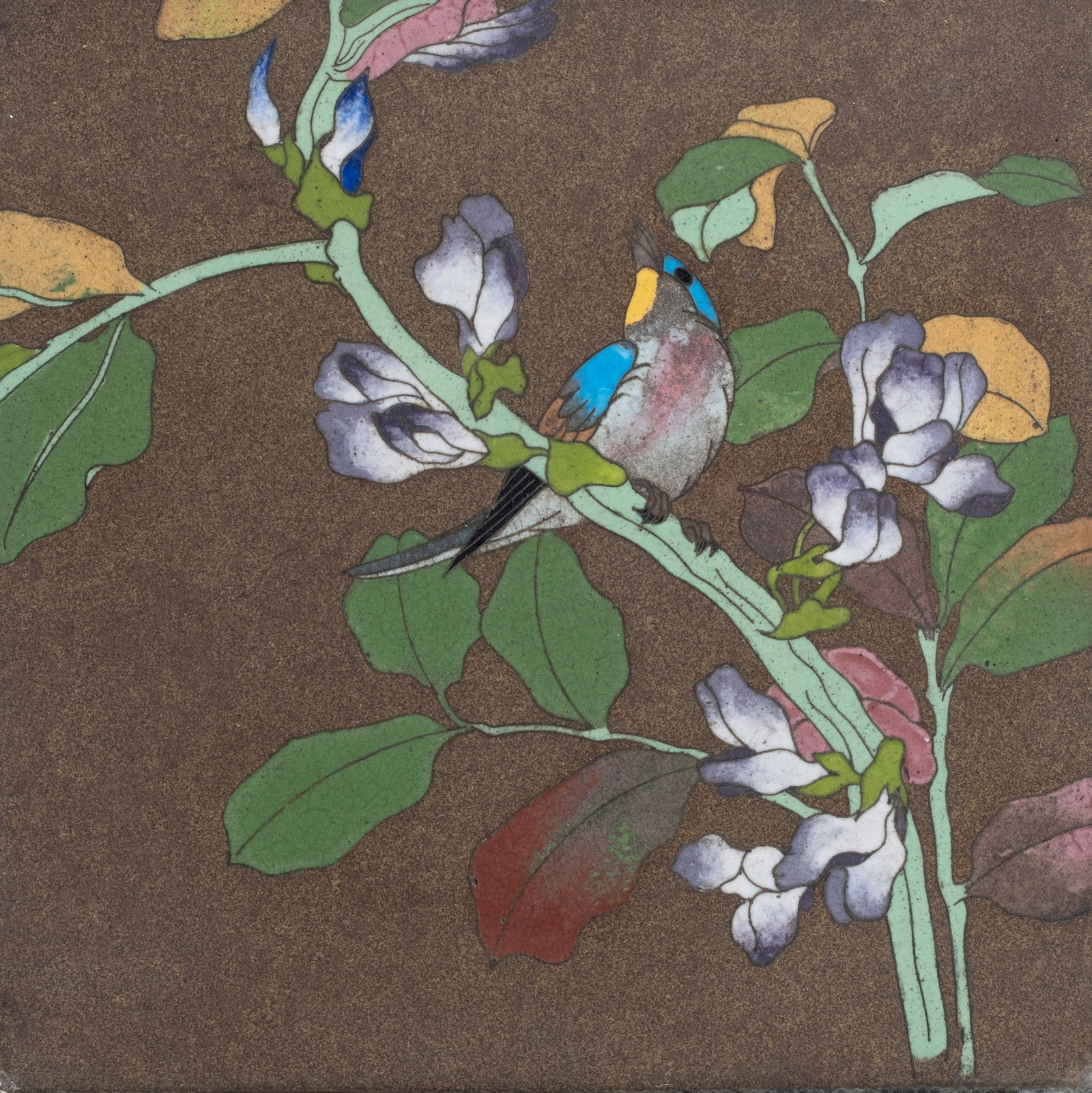 Chinese Late Qing Period Bronze Tray with Cloisonné Enamel Bird Panel & Dragon Handles - 2