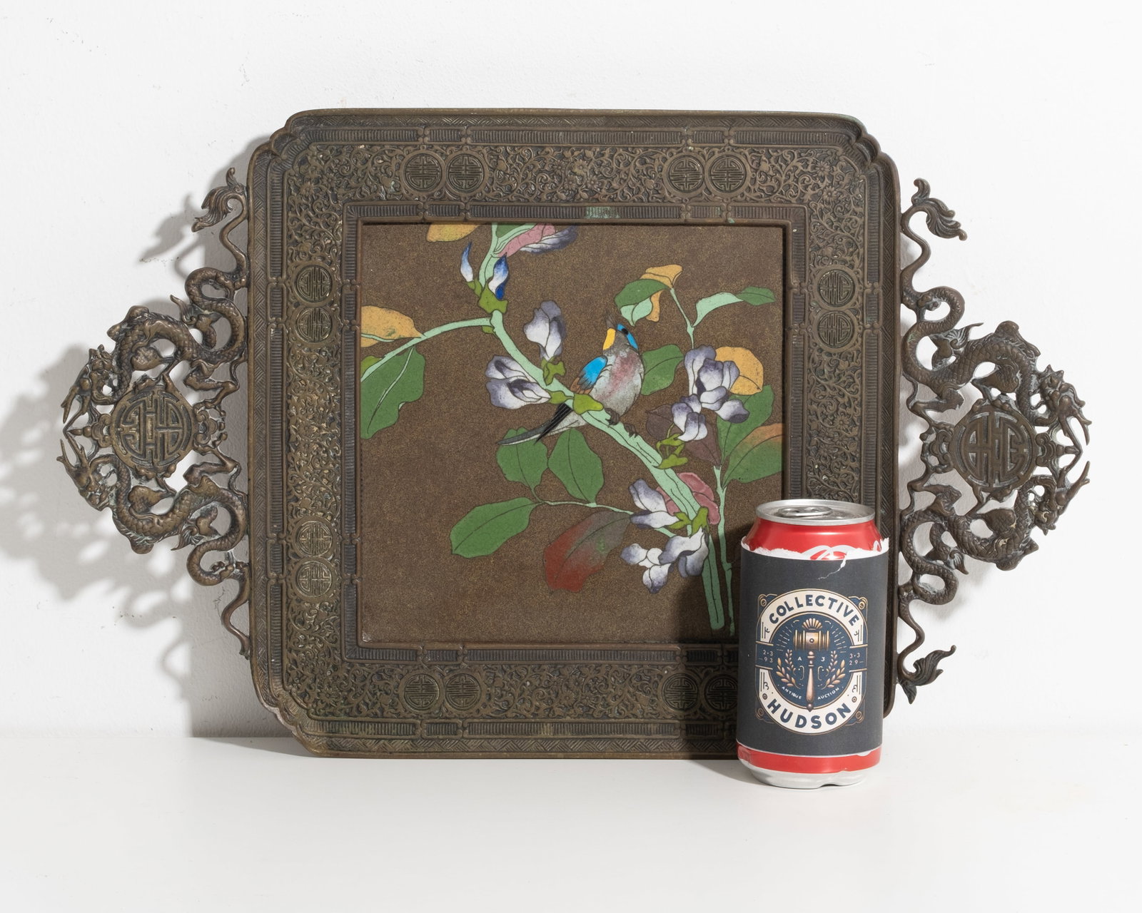 Chinese Late Qing Period Bronze Tray with Cloisonné Enamel Bird Panel & Dragon Handles - 3