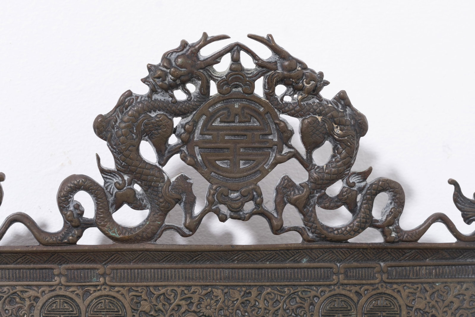 Chinese Late Qing Period Bronze Tray with Cloisonné Enamel Bird Panel & Dragon Handles - 4