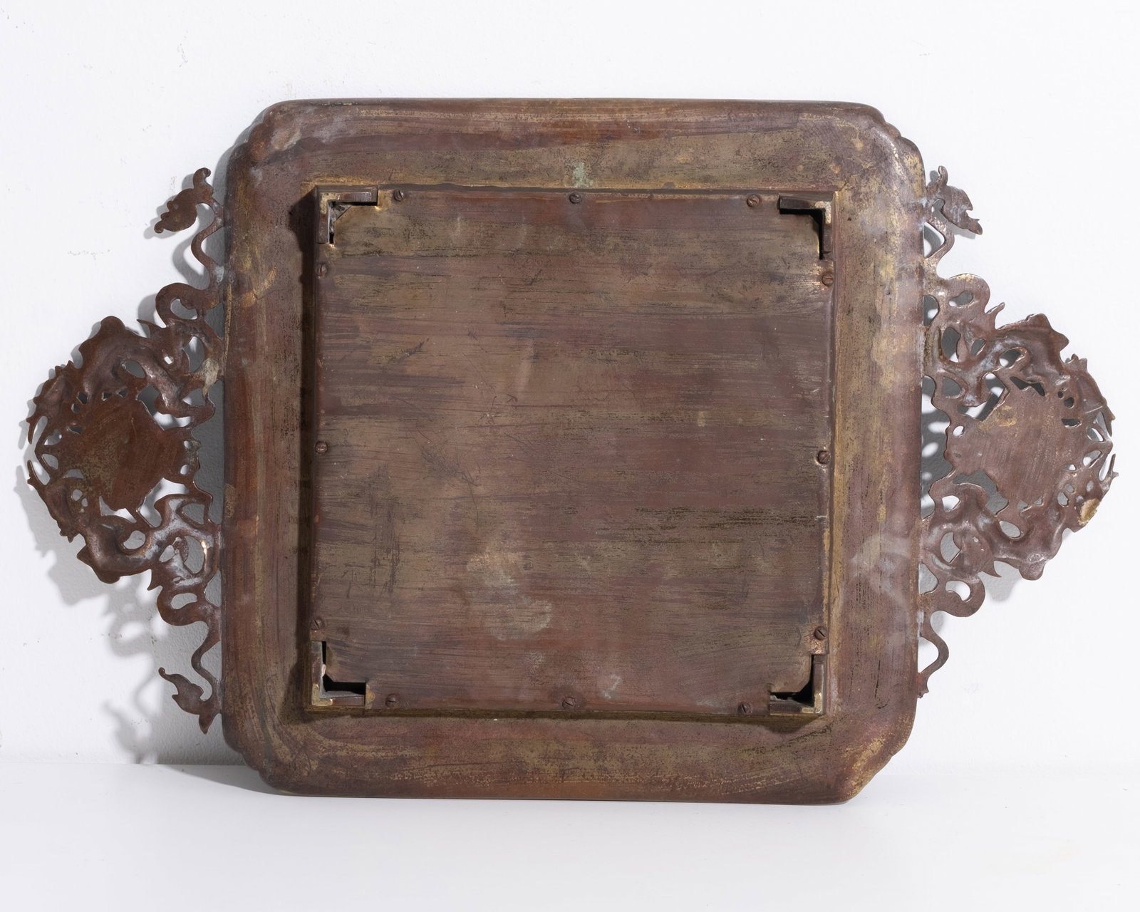 Chinese Late Qing Period Bronze Tray with Cloisonné Enamel Bird Panel & Dragon Handles - 5