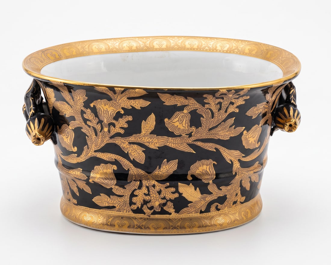 Vintage Chinese Black Ground Gilt Decorated Porcelain Cachepot with Mask Handles (1 of 7)