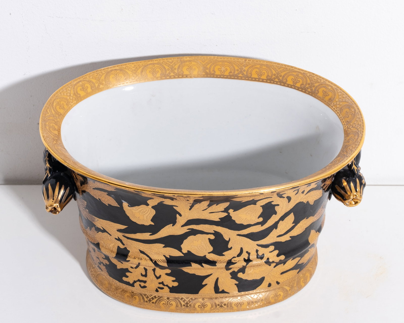 Vintage Chinese Black Ground Gilt Decorated Porcelain Cachepot with Mask Handles - 3