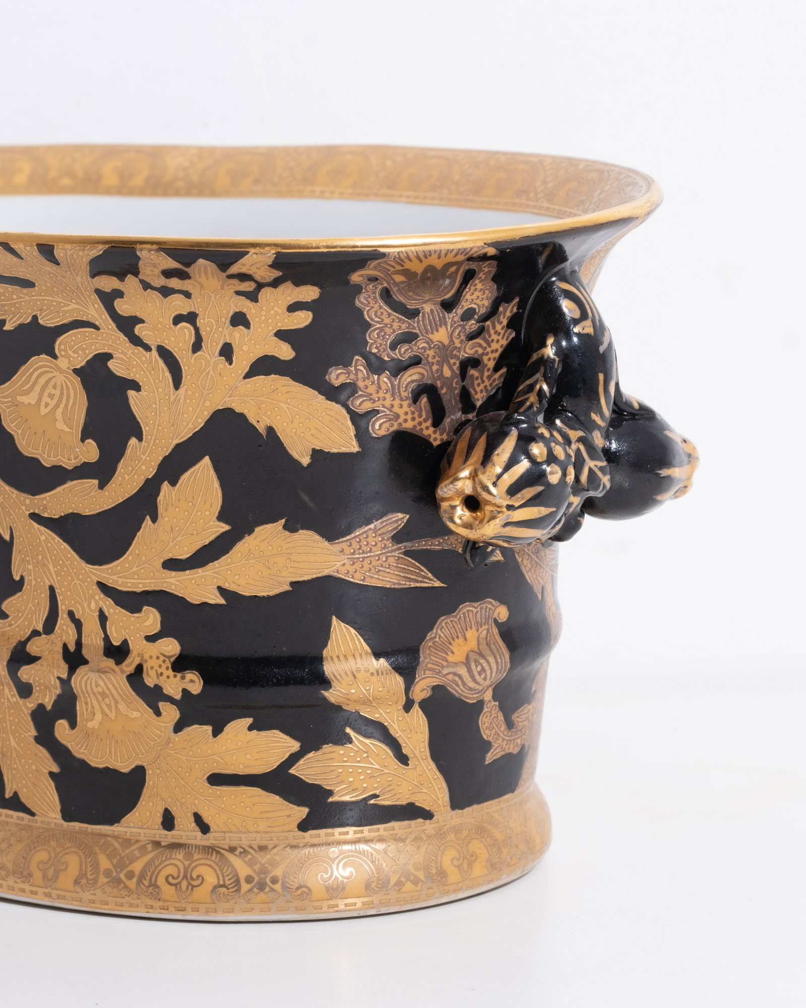 Vintage Chinese Black Ground Gilt Decorated Porcelain Cachepot with Mask Handles - 6