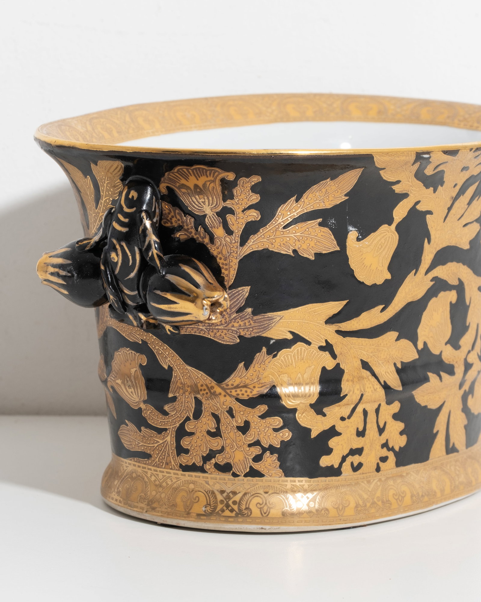 Vintage Chinese Black Ground Gilt Decorated Porcelain Cachepot with Mask Handles - 7