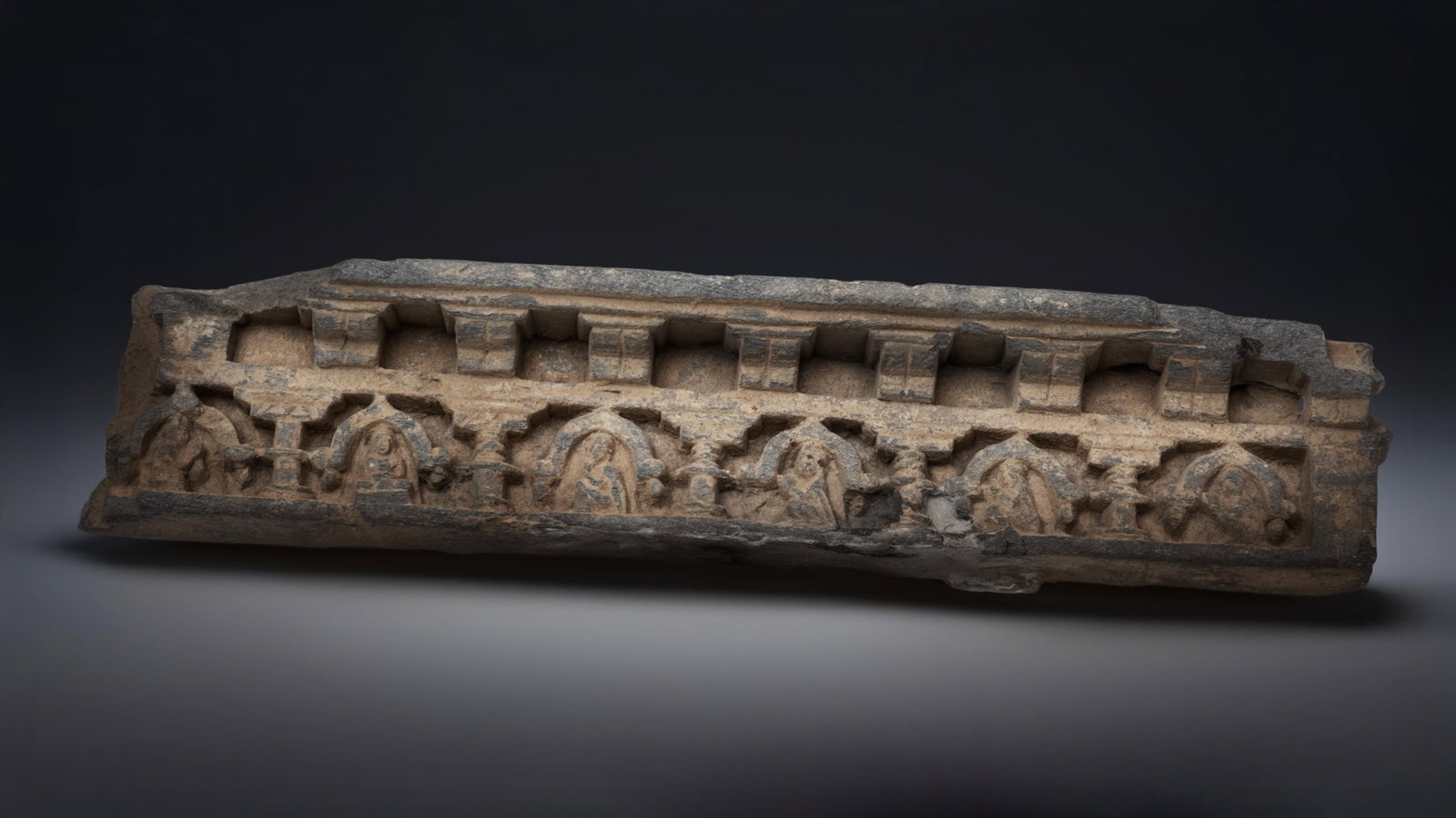No Reserve: Gandhara, 14-inch Archeological Figure Carved Frieze 2nd-3rd Century w COA: Keywords: Gandharan, Religious Art, Historical Artifact, Pilasters, Worshippers, Grey Schist, Cultural Heritage, Buddhist Artworks, Ancient, Archeology Summary: Grey schist carved ancient stone carved