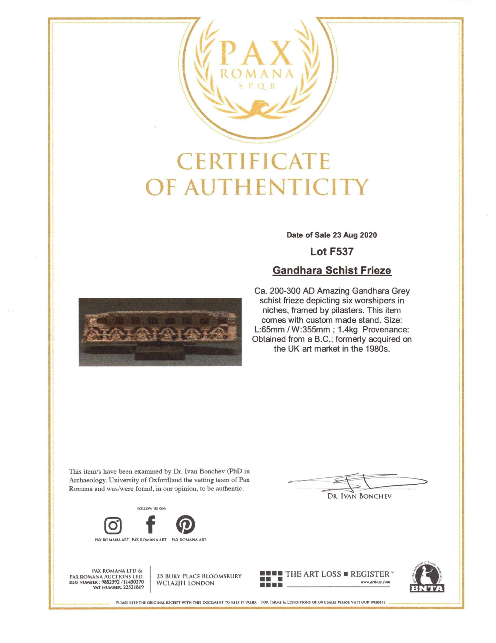 No Reserve: Gandhara, 14-inch Archeological Figure Carved Frieze 2nd-3rd Century w COA - 2