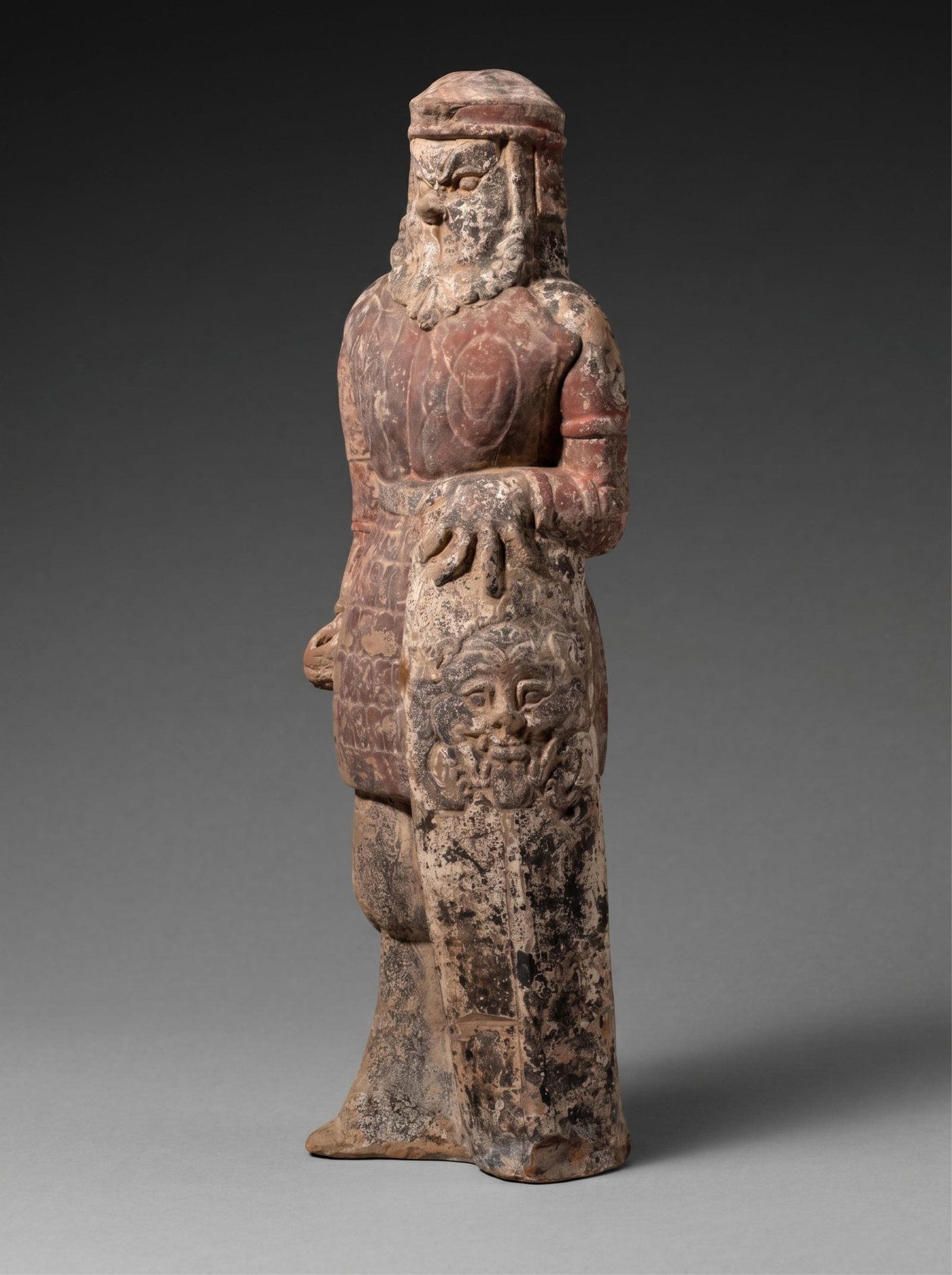 No Reserve: Chinese Polychrome Terracotta Warrior Figure, Probably Wei Period: Keywords: earthenware sculpture, funerary guardian, tomb figure, mingqi, burial object, armored figure, shield bearer, ancient china art, early medieval china, polychrome pigments, hollow construction