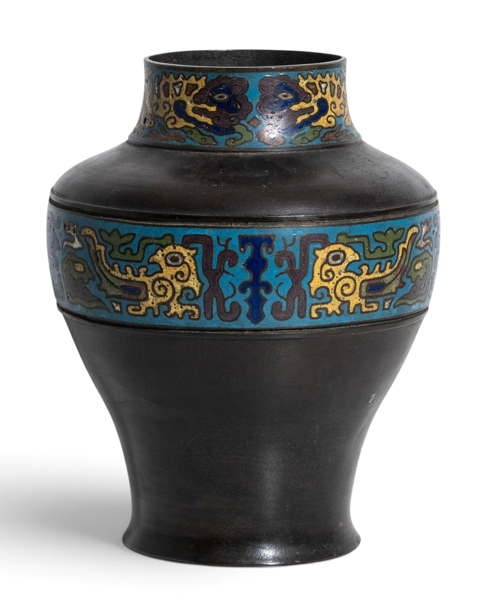 Antique Chinese Cloisonné and Champlevé Enamel Bronze Vase, 19th Century: Keywords: Chinese Art, Qing Dynasty, Cloisonne Enamel, Archaic Style, Bronze Vessel, Patinated Bronze, Champleve, Asian Art, Antique Vase, Archaistic, Mythical Beasts, Animal Motif, Turquoise Enamel, 