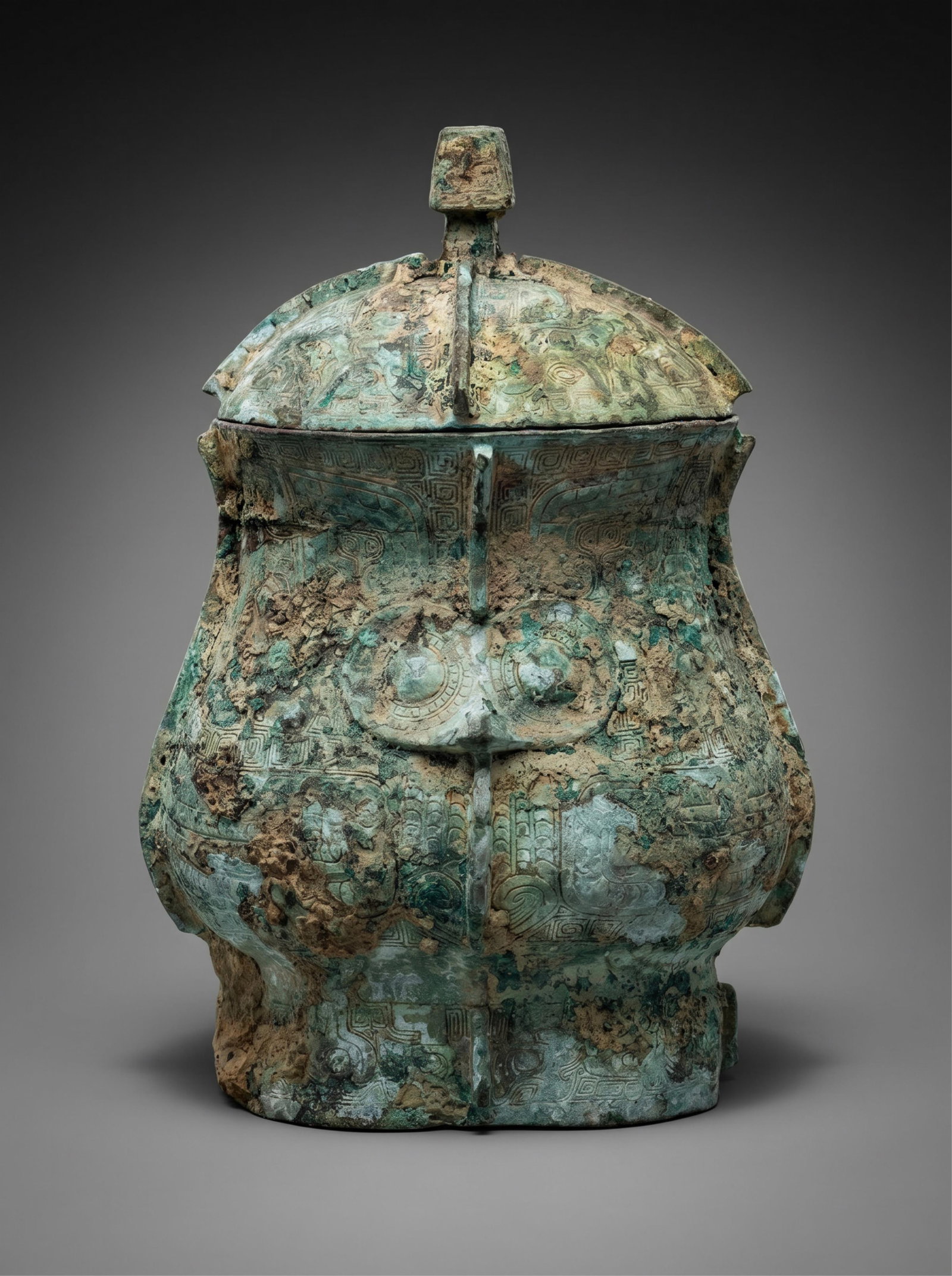 Chinese Archaistic Bronze Covered Ritual Wine Vessel, Probably Shang Dynasty Form (1 of 8)