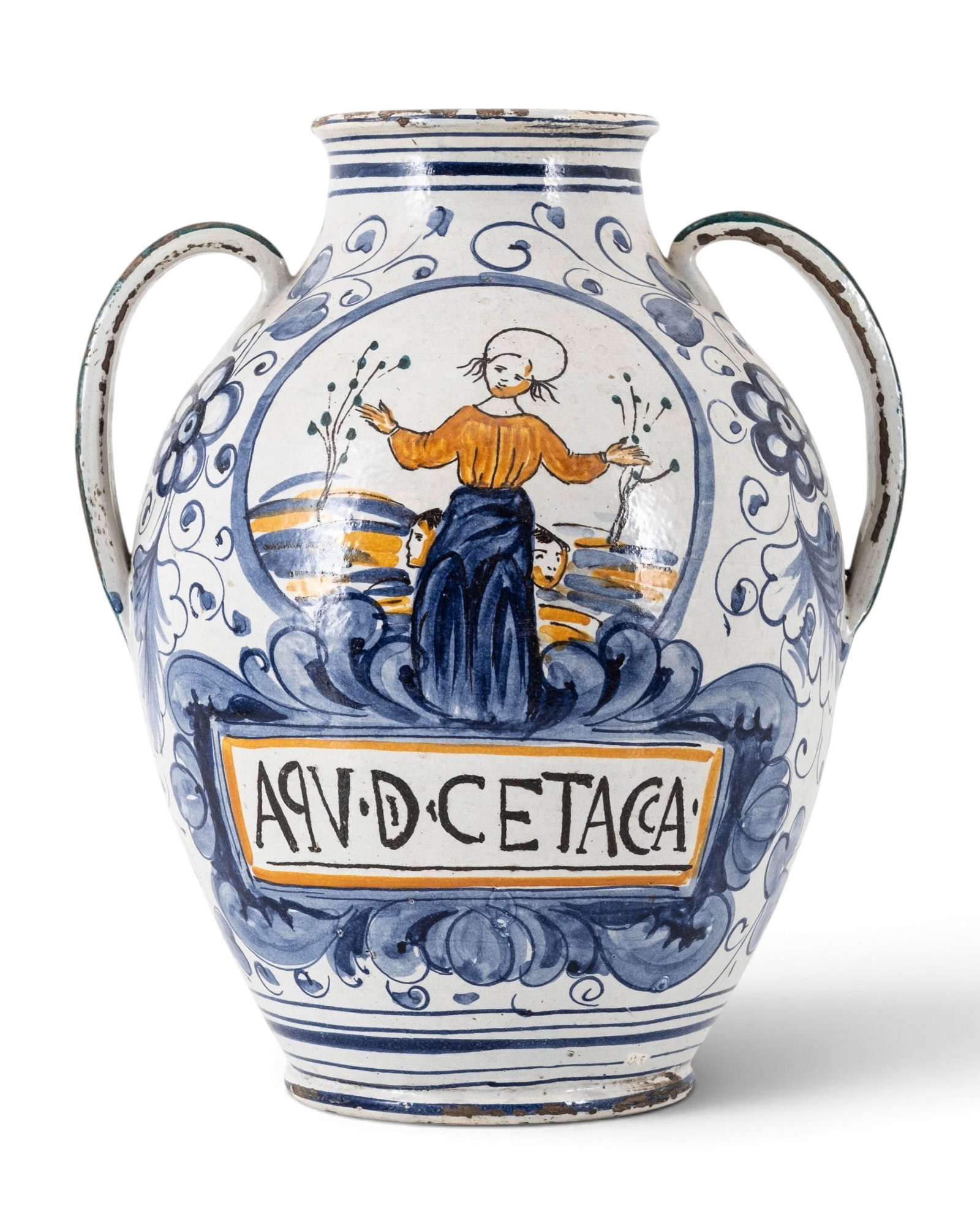 Antique Italian Hand Painted Maiolica Two-Handled Apothecary Jar with Figural Decoration - 2