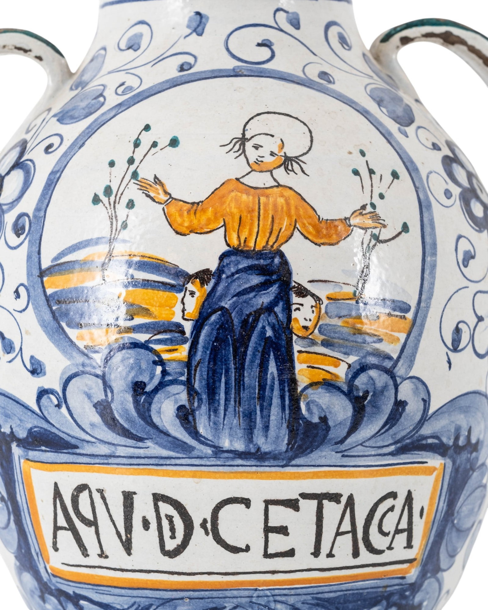 Antique Italian Hand Painted Maiolica Two-Handled Apothecary Jar with Figural Decoration - 5