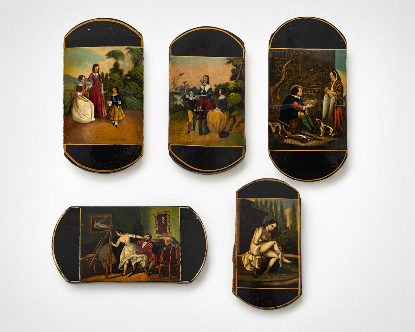 No Reserve: Group Of Five 19th Century Papier-Mâché Lacquered Cases With Hand-Colored Paintings (1 of 8)