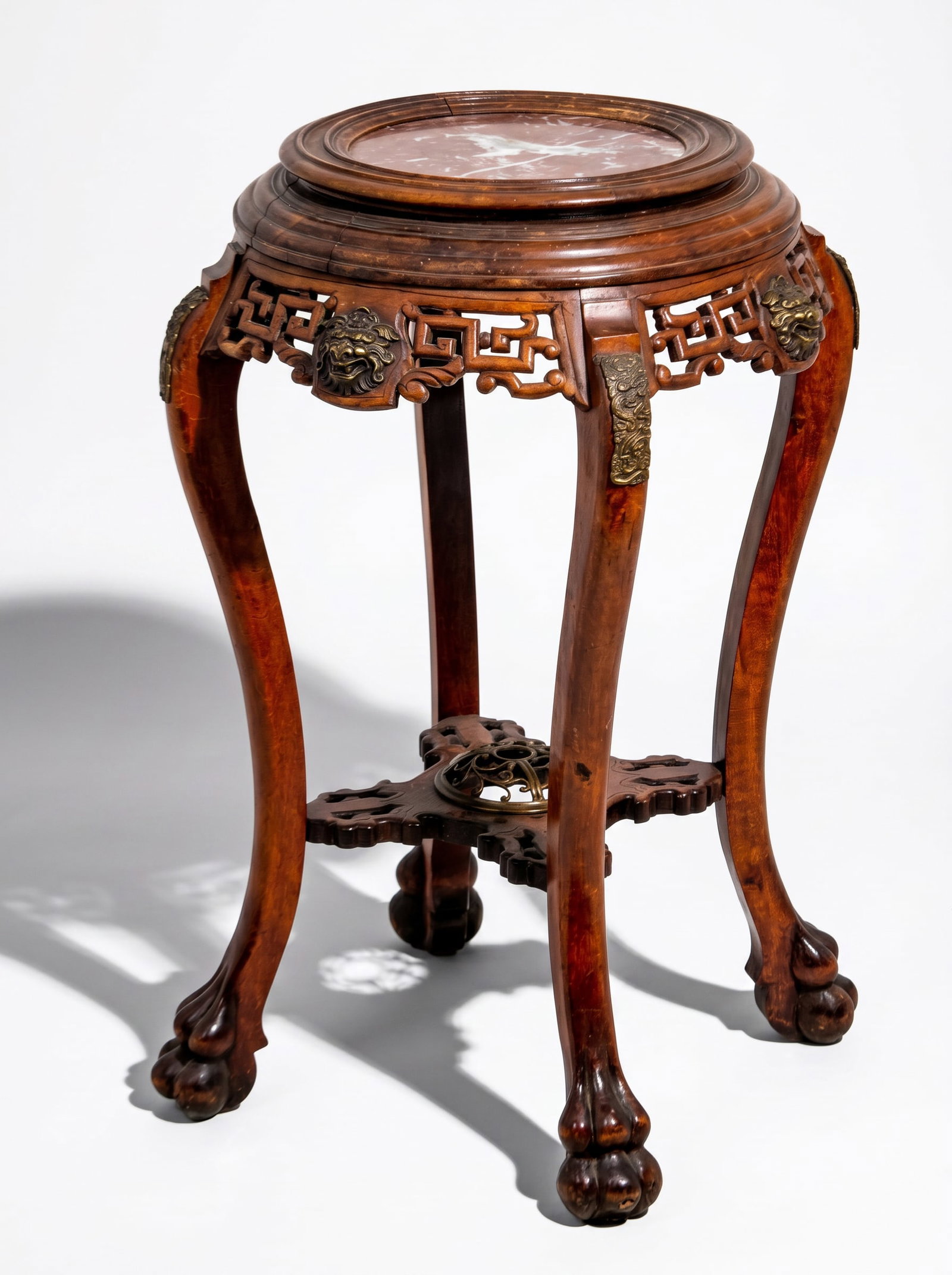 Gabriel Viardot Bronze Mounted Orientalism Tall Pedestal Table c.1910: Keywords: Japonisme influence, Orientalist décor, carved hardwood, pierced apron, openwork frieze, gilt-bronze mounts, cabriole legs, ball-and-claw feet, circular top, plant pedestal, display stand, 