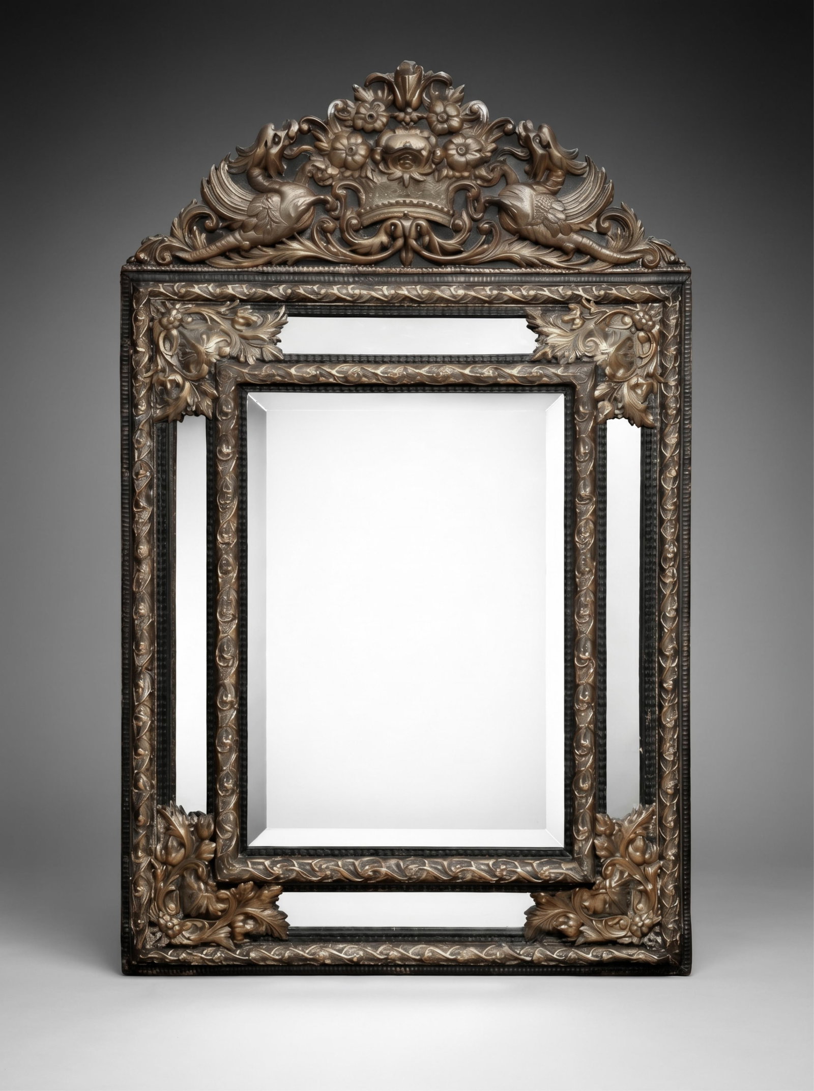 Fine Regency Pediment Mirror in Carved Wood Covered with Repousse Bronze Work, 19th century (1 of 5)