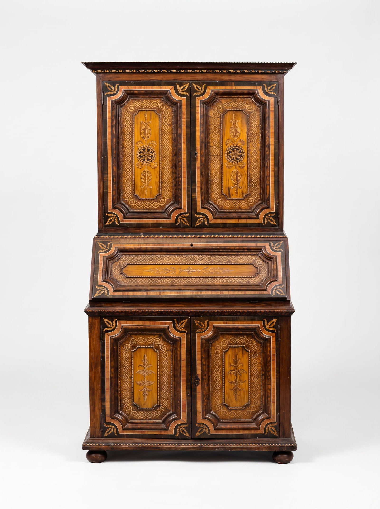 Antique French Provincial Two-Piece Secretary Desk with Hand-Painted Decoration: Keywords: French Country Furniture, Renaissance Revival, Neoclassical Influence, Early 19th Century, Antique Cabinet Work, European Country House Furniture, Old World Design, Historic Writing Cabinet 