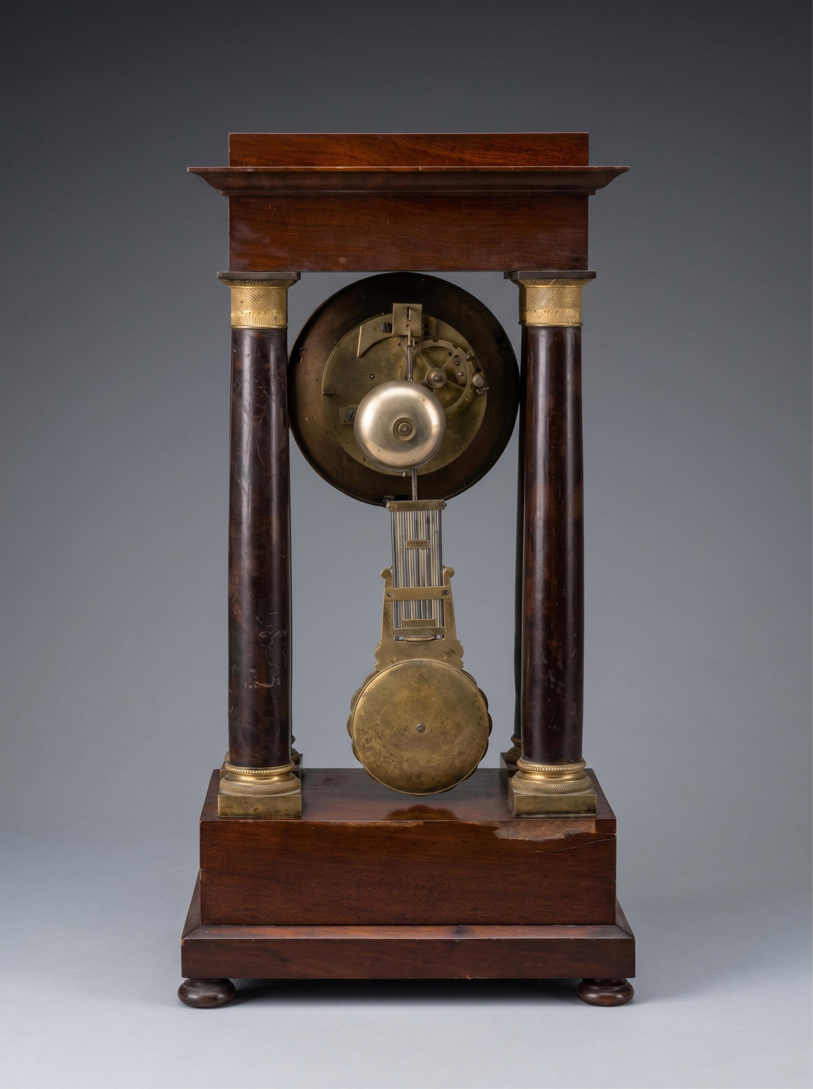 No Reserve: French 19th Century Empire Mahogany and Gilt Bronze Portico Mantel Clock - 2