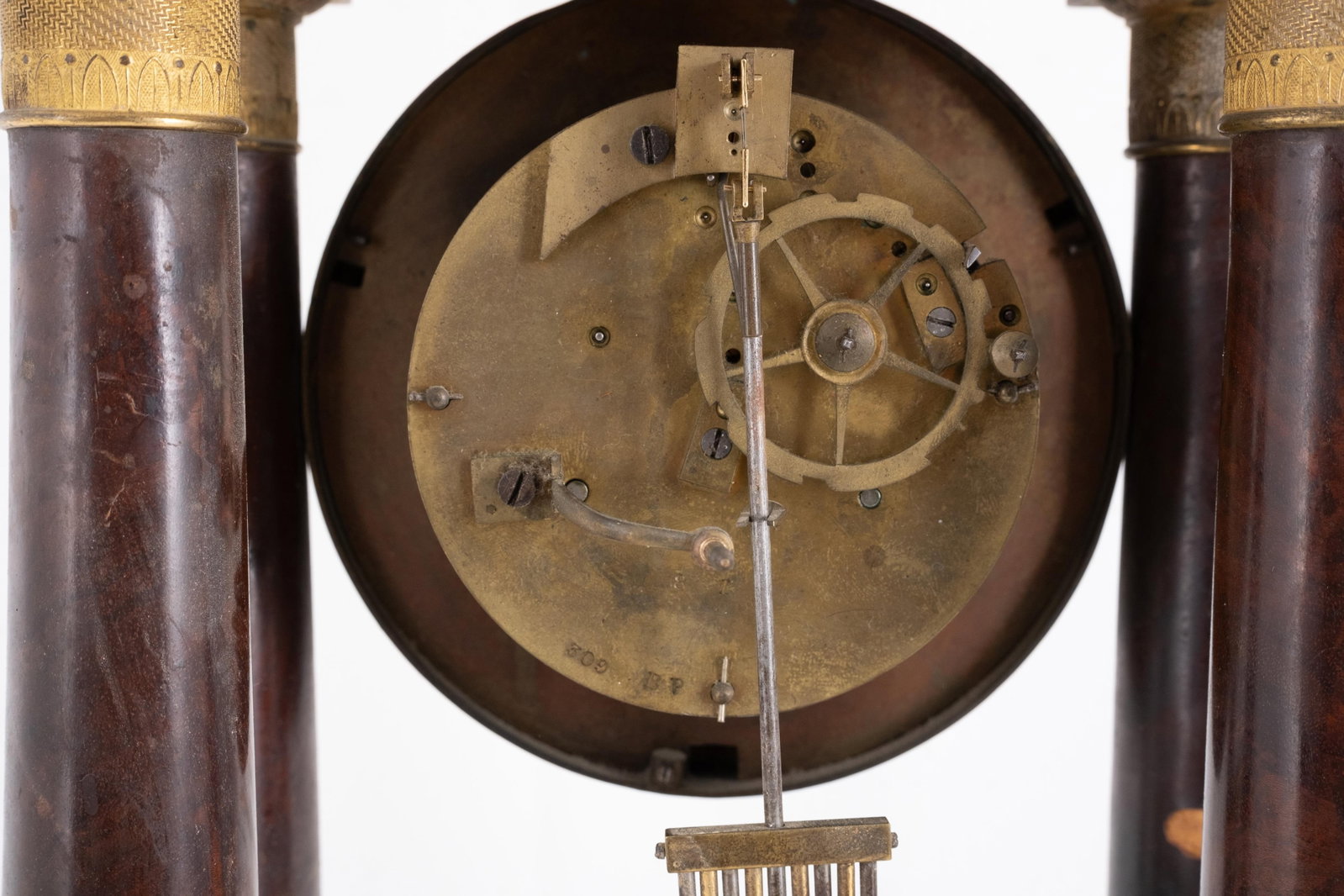 No Reserve: French 19th Century Empire Mahogany and Gilt Bronze Portico Mantel Clock - 5