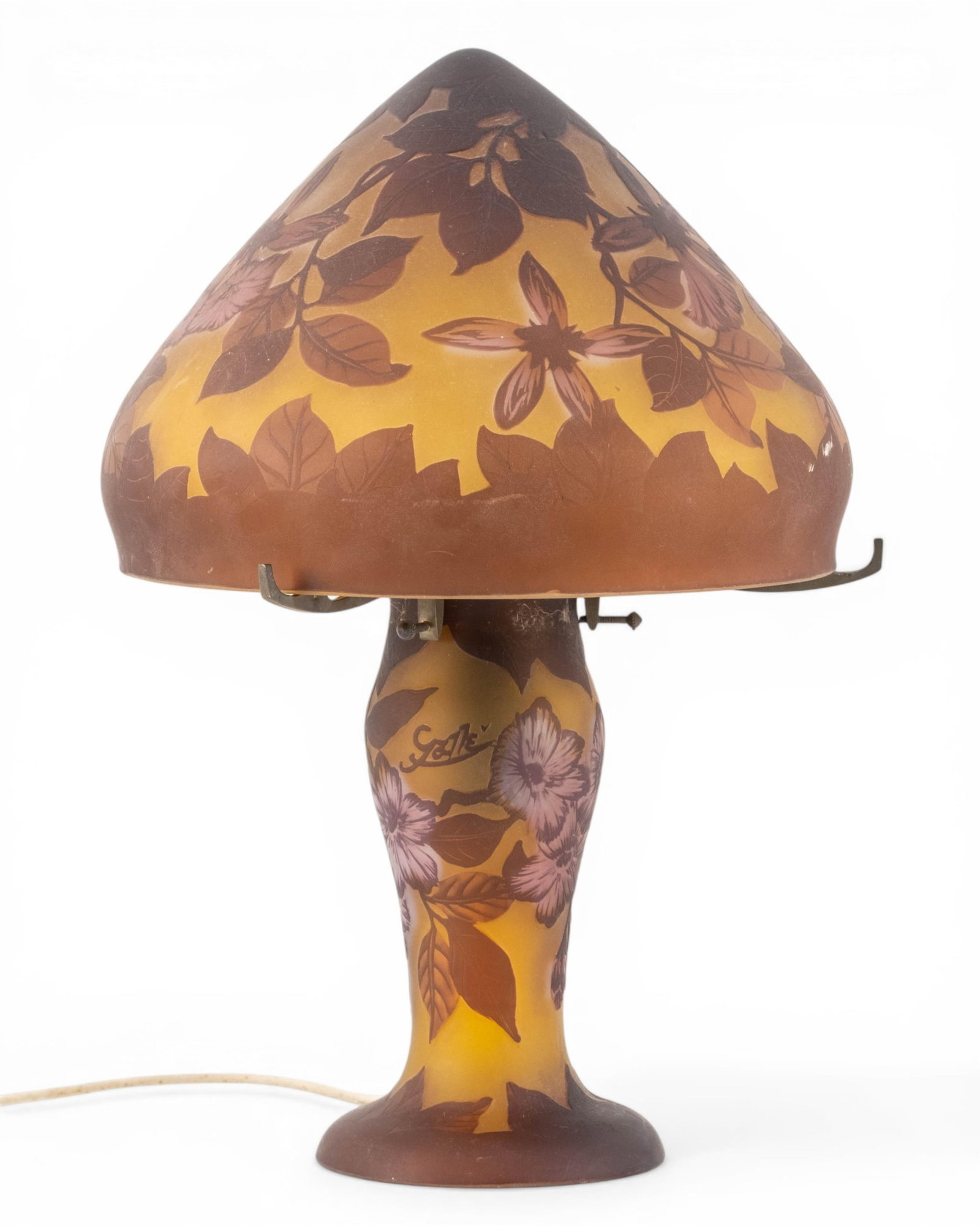 No Reserve: Galle Style Cameo Glass Floral Table Lamp, signed but questionable - 11
