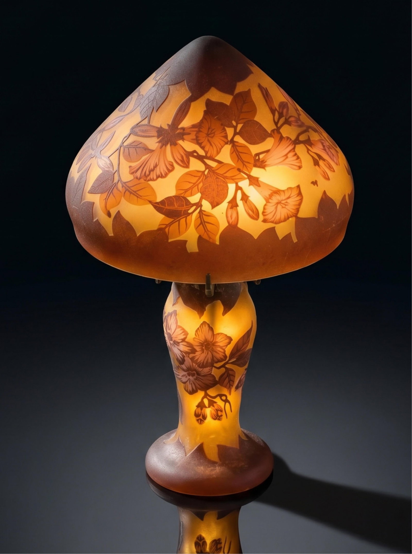 No Reserve: Galle Style Cameo Glass Floral Table Lamp, signed but questionable: Keywords: Art Nouveau Revival, Mid Century Decorative, Continental Lighting, Vintage Accent Lamp, cameo glass, acid etched, frosted glass, floral motif, botanical decoration, mushroom shade, table lam