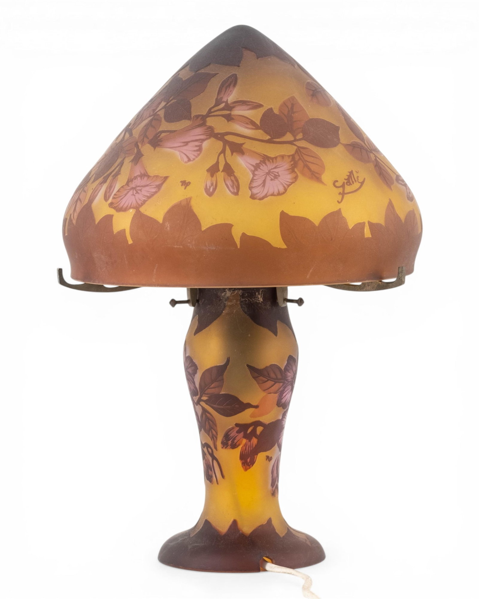 No Reserve: Galle Style Cameo Glass Floral Table Lamp, signed but questionable - 9