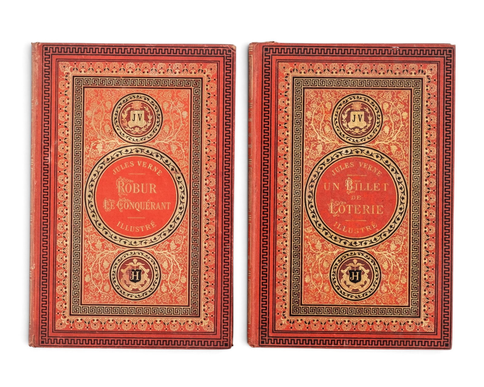 No Reserve: Jules Verne, Robur the Conqueror and The Lottery Ticket, 1886, Two Illustrated Volumes: Keywords: French Literature, Jules Verne, Voyages Extraordinaires, Pierre-Jules Hetzel, Hetzel Edition, 19th Century Books, Illustrated Books, French Books, Science Fiction, Adventure Literature, Deco
