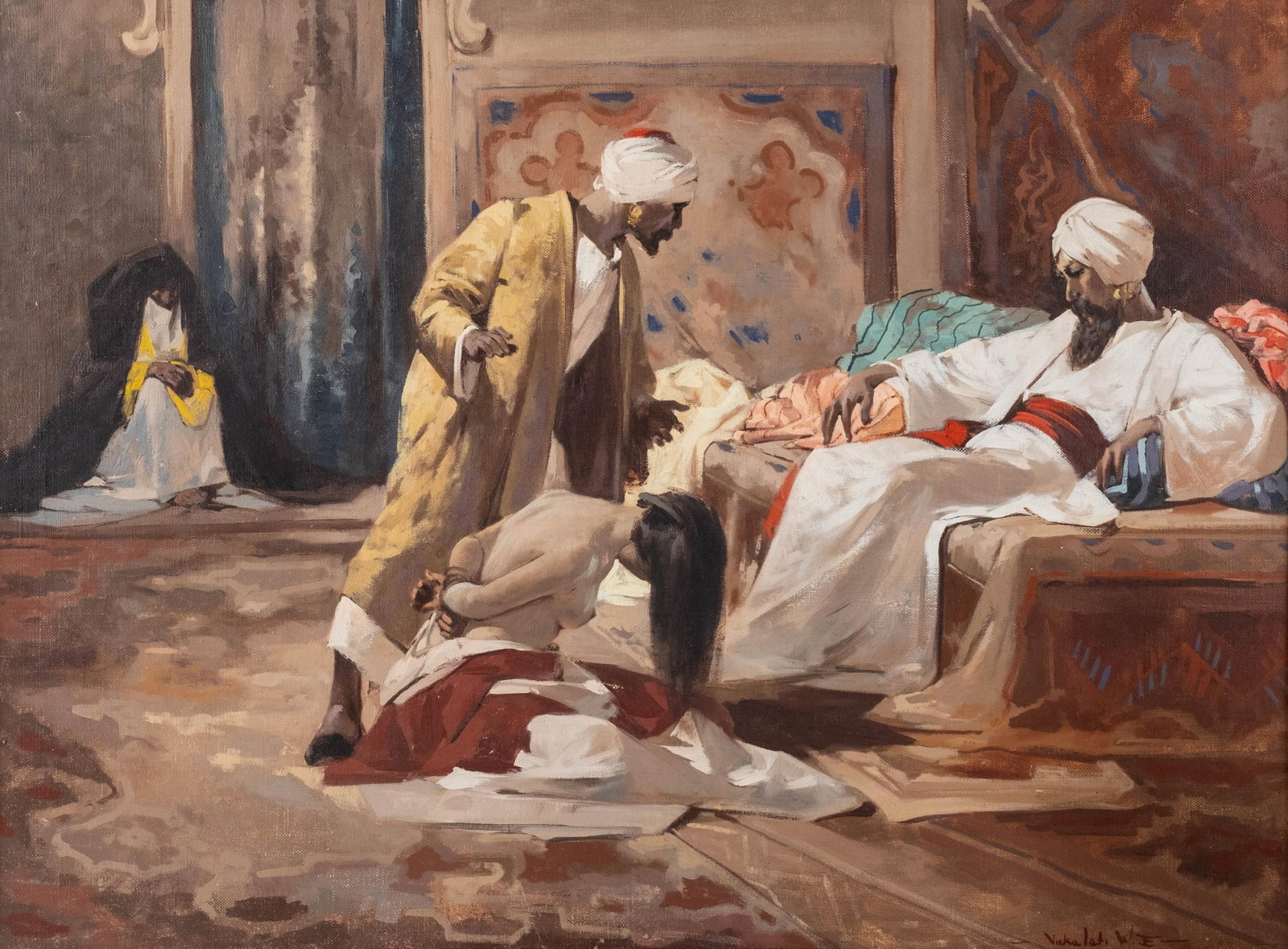 No Reserve: Signed W. Emery Vizkelety Orientalist Harem Interior Painting - 2