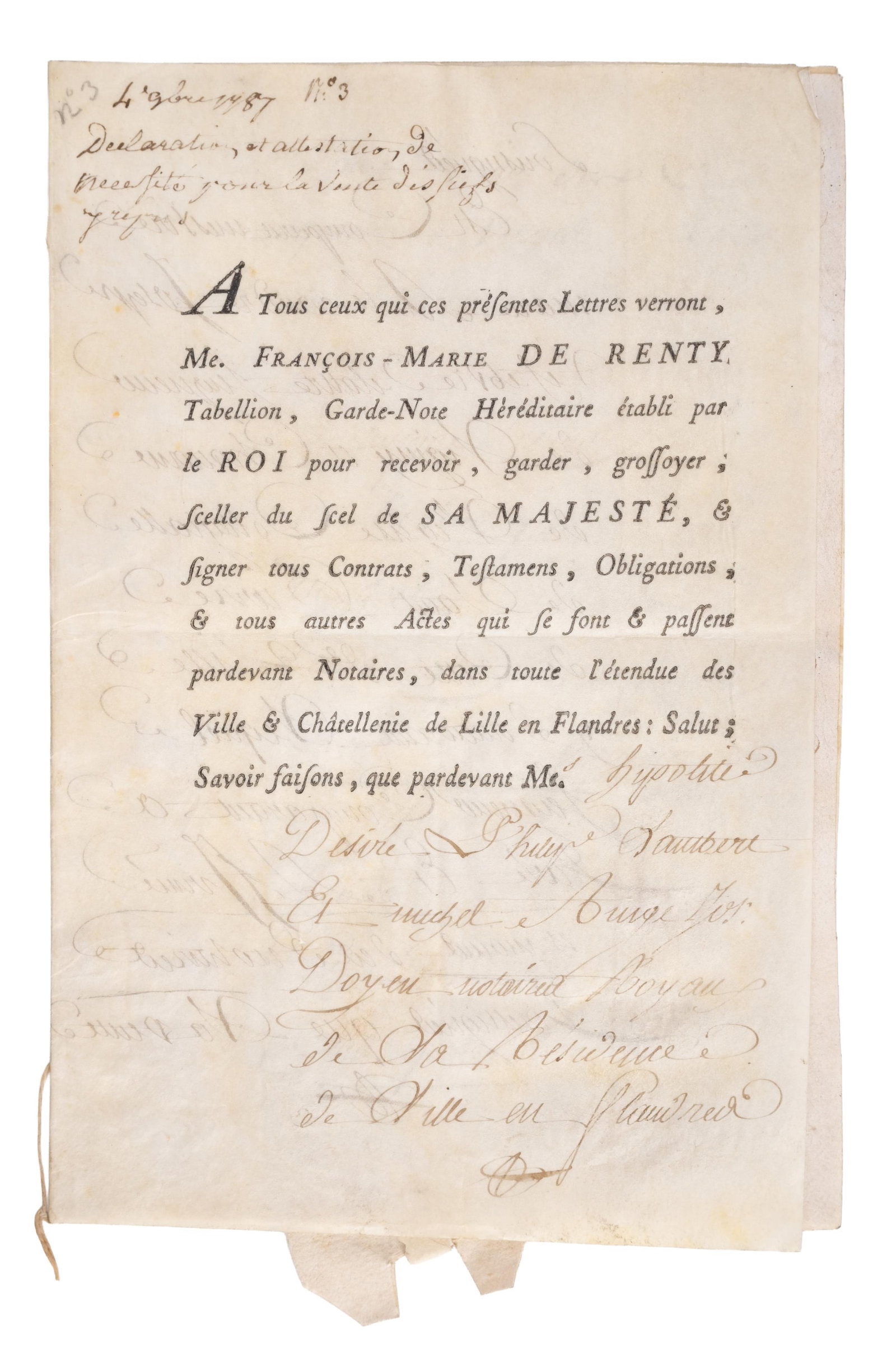 No Reserve: French Royal Notarial Declaration, Sale of a Fief, Lille, 1787 (1 of 5)