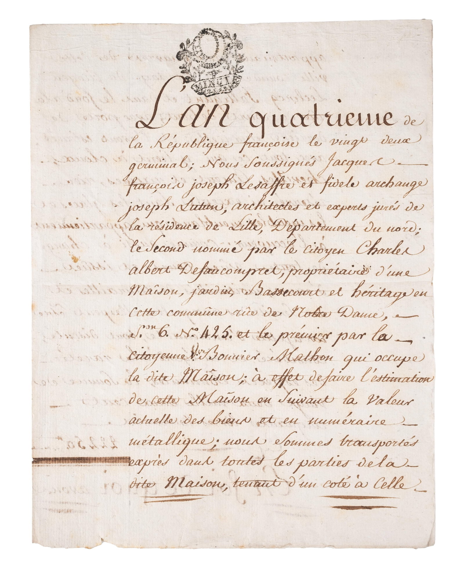 No Reserve: Signed 1796 French Revolutionary Lille Architectural Appraisal Manuscript: Keywords: Rue Notre-Dame, fiscal stamp, France, aid paper, brown ink, archival ephemera, 18th century, municipal history, real estate valuation, legal document Summary: An original French Revolutionar