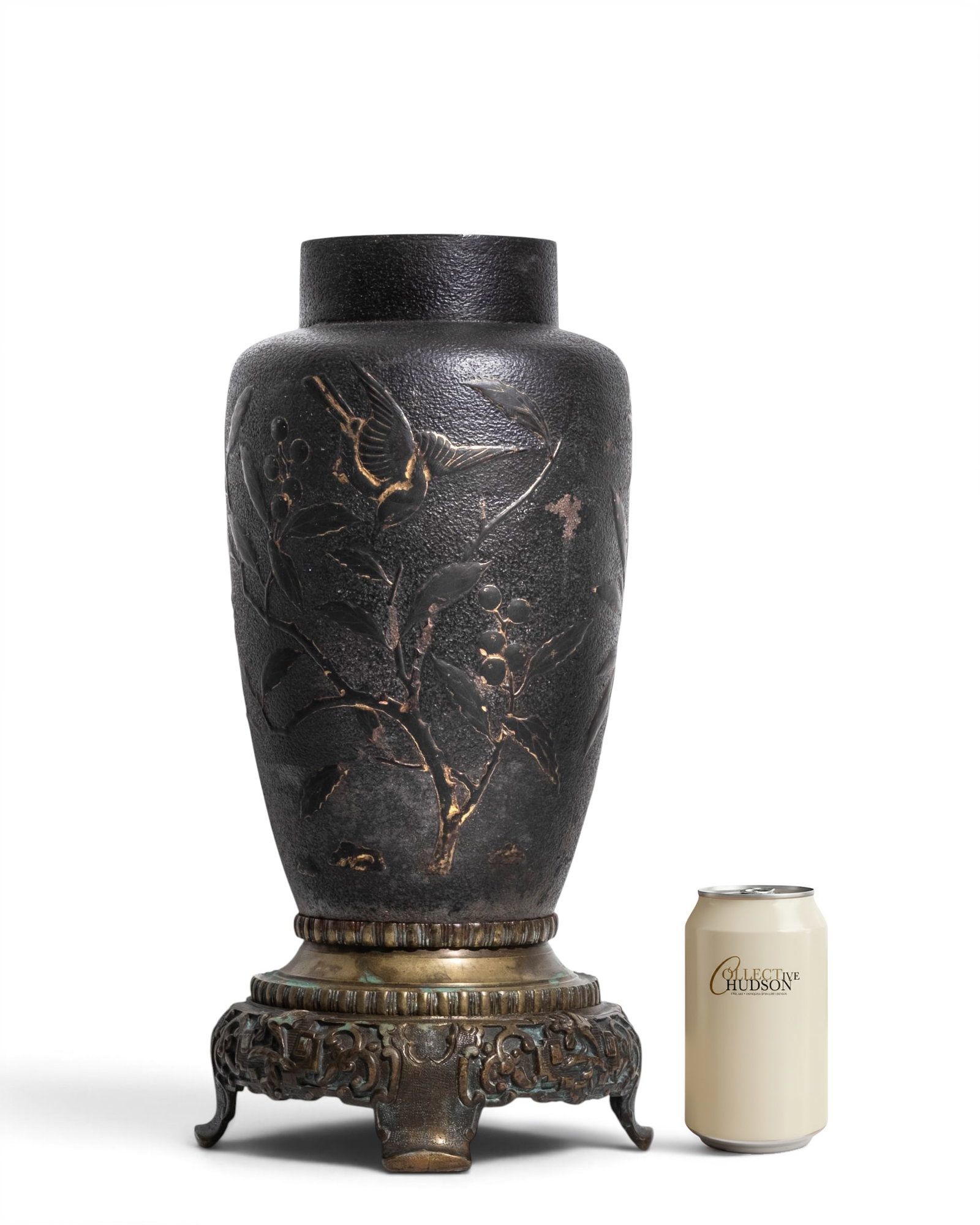 Japanese Meiji Period Bronze Vase with Birds and Berries in Relief, circa 1900 (1 of 9)
