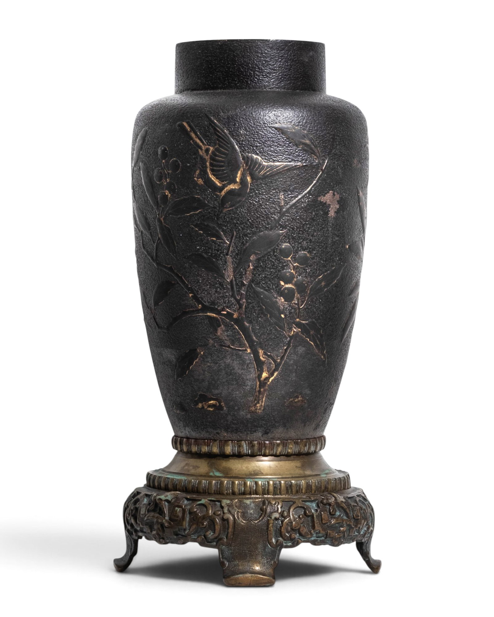 Japanese Meiji Period Bronze Vase with Birds and Berries in Relief, circa 1900 - 2