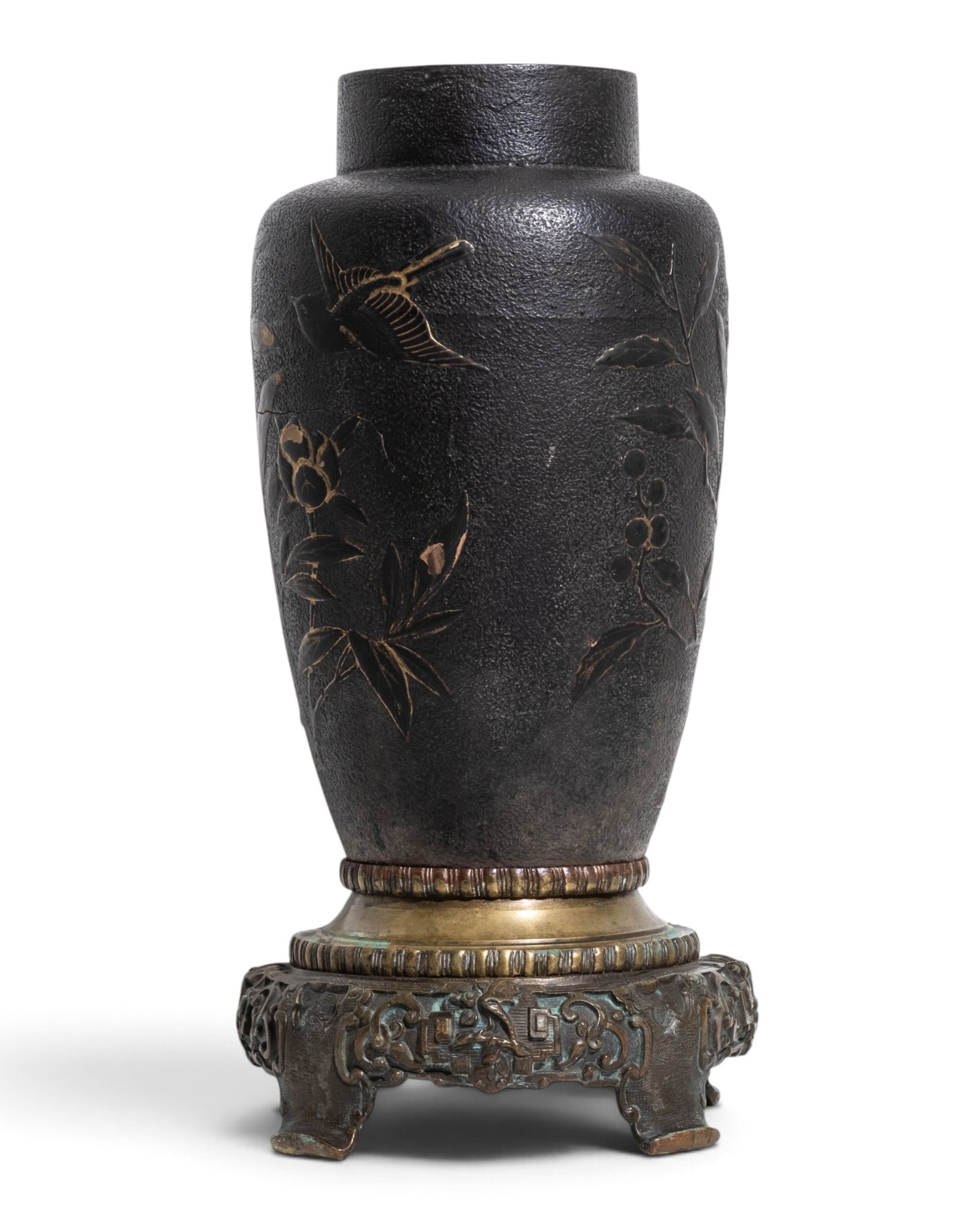 Japanese Meiji Period Bronze Vase with Birds and Berries in Relief, circa 1900 - 8