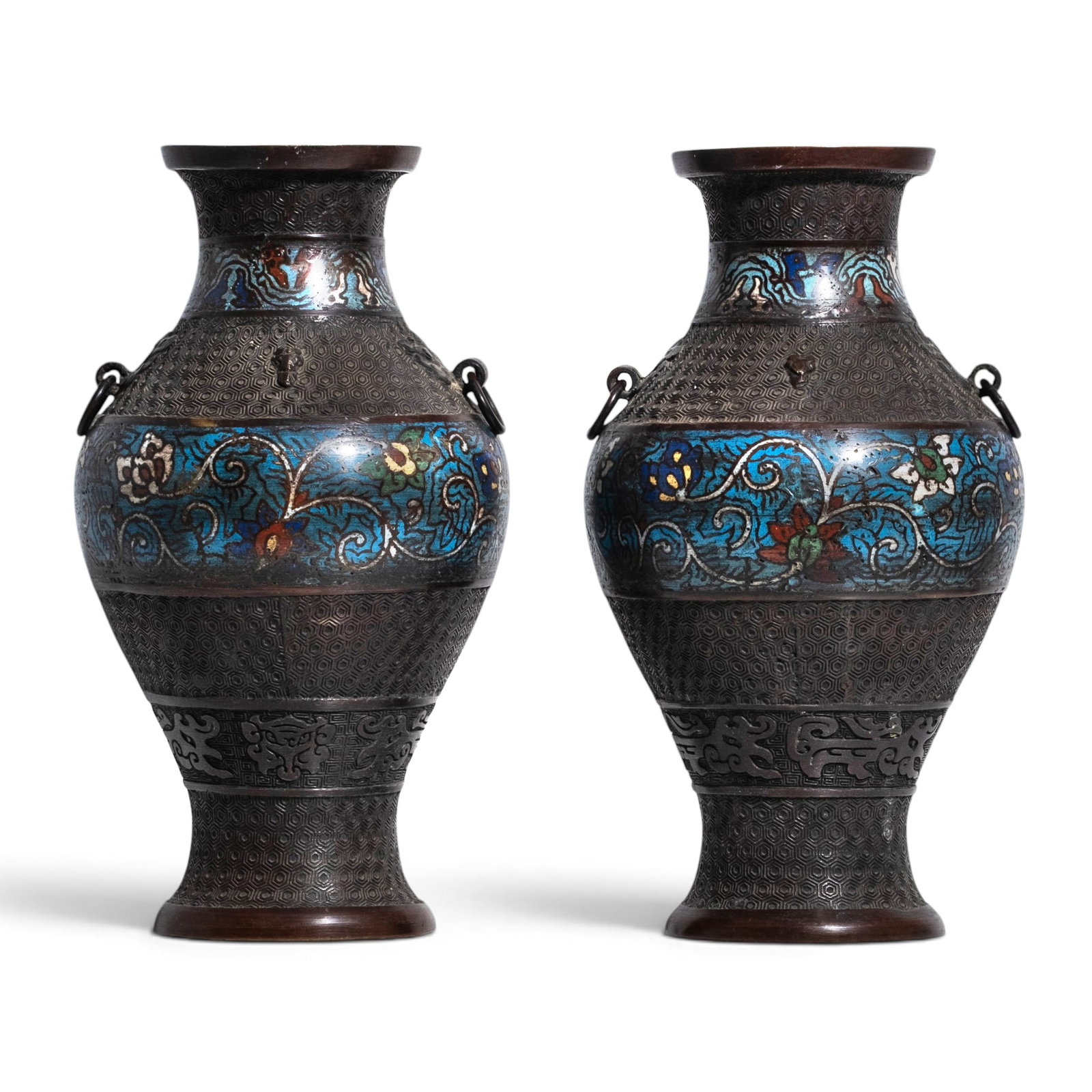Pair Japanese Meiji Signed Bronze & Champlevé Enamel Vases, 19th Century: Keywords: Japanese, Meiji Period, Champlevé Enamel, Bronze, Patinated Bronze, Japanese Enamel, Archaistic, Floral Decoration, Scrollwork, Ring Handles, Asian Decorative Arts, Late 19th Century, Pair 