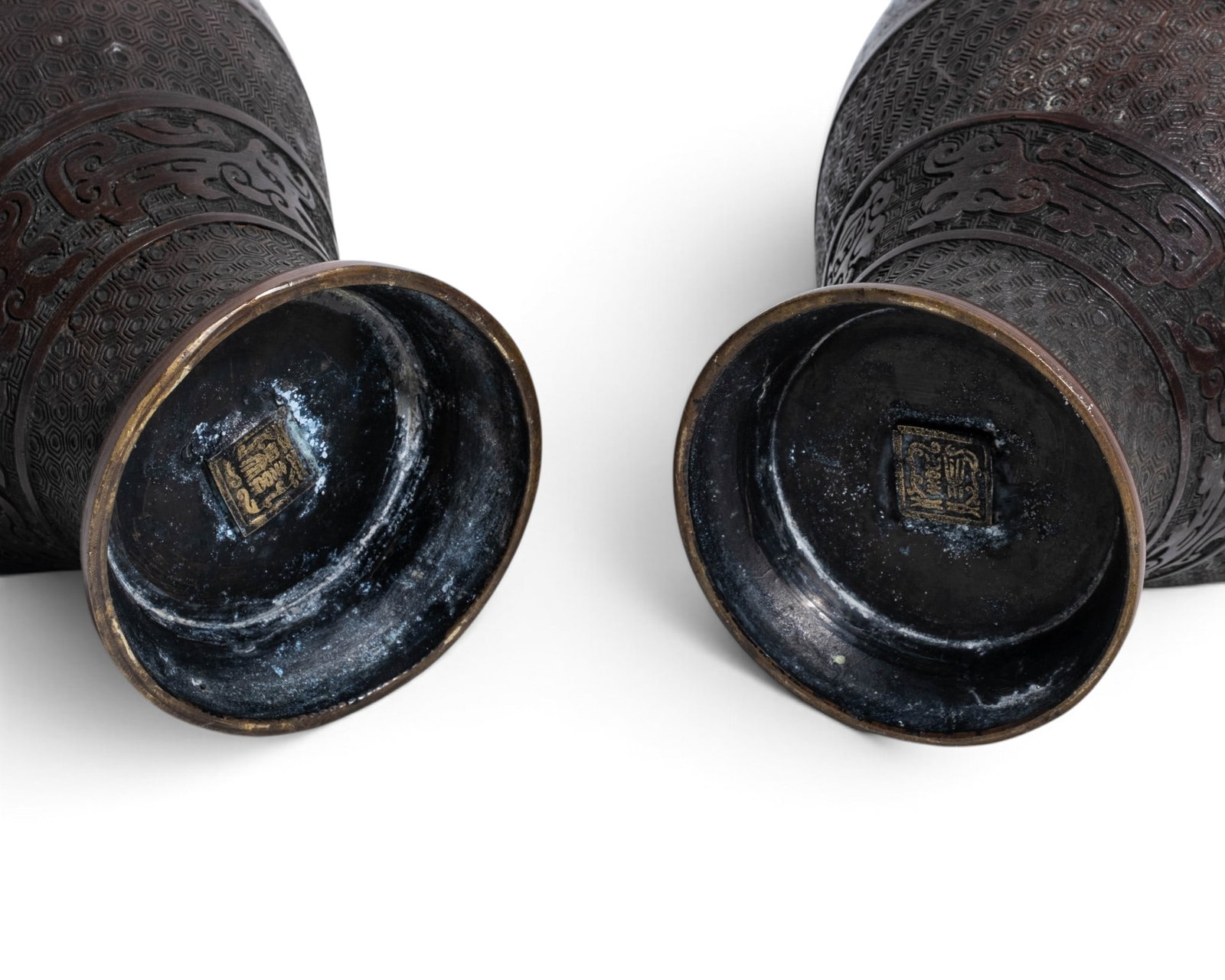 Pair Japanese Meiji Signed Bronze & Champlevé Enamel Vases, 19th Century - 3