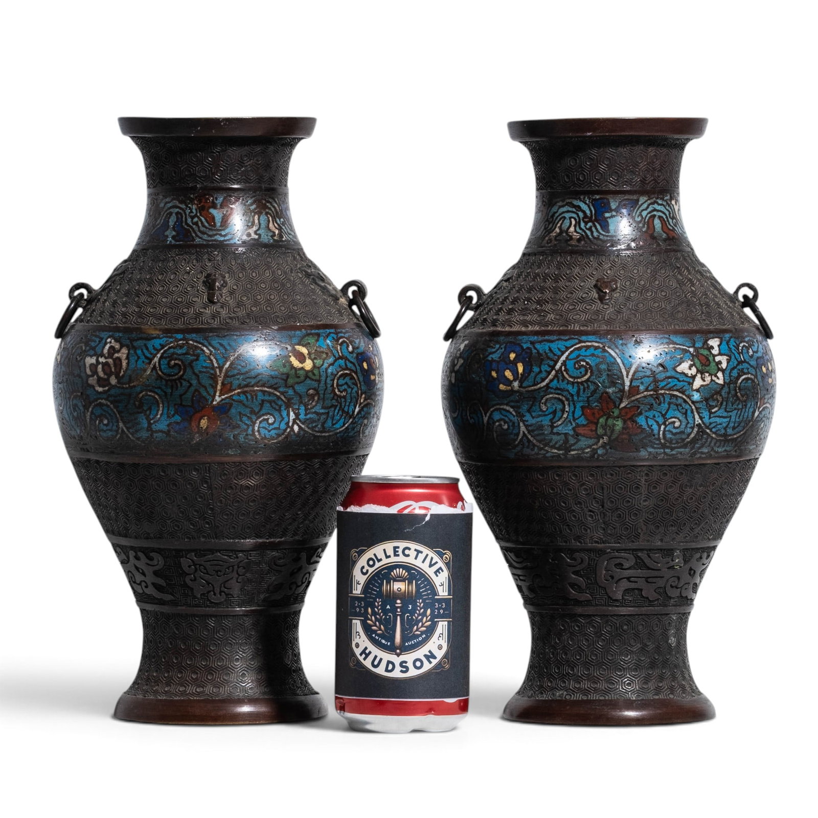 Pair Japanese Meiji Signed Bronze & Champlevé Enamel Vases, 19th Century - 4