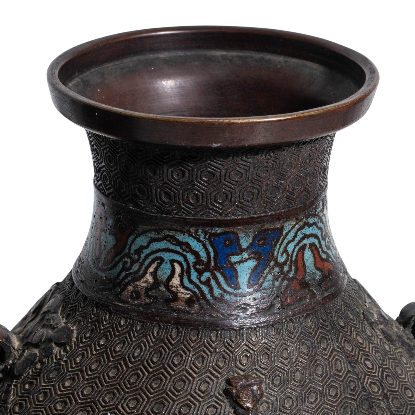 Pair Japanese Meiji Signed Bronze & Champlevé Enamel Vases, 19th Century - 5