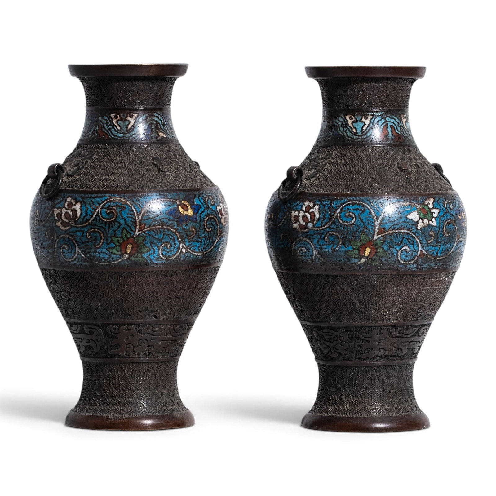 Pair Japanese Meiji Signed Bronze & Champlevé Enamel Vases, 19th Century - 8