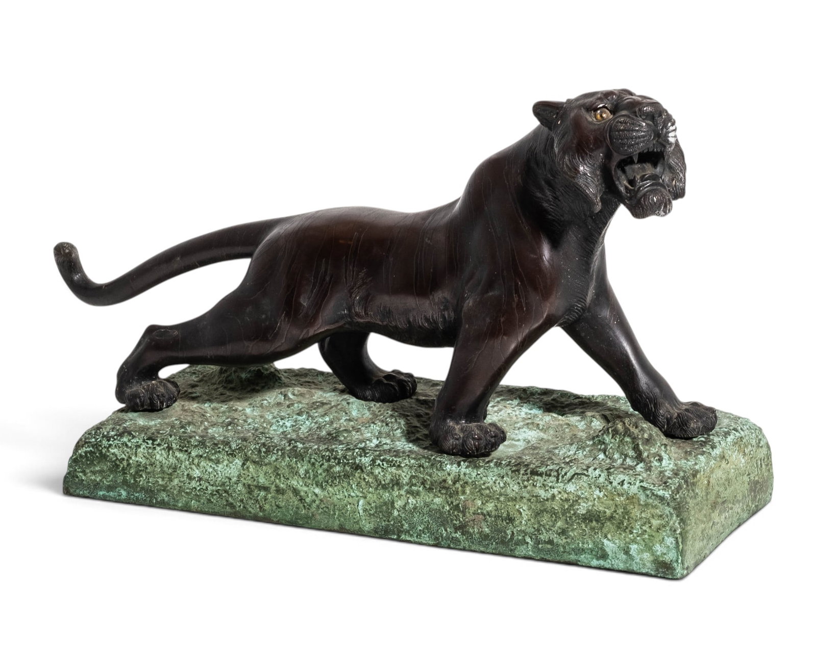 Japanese Meiji Bronze Tiger Sculpture with gold tone Cabochon Eyes, Circa 1900: Keywords: Meiji Period, Japanese Bronze, Animalier, Tiger, Big Cat, Animal Sculpture, Patinated Bronze, Verdigris, Gilt Eyes, Japanese Metalwork, Naturalistic, Asian Art, Late 19th Century, Early 20th