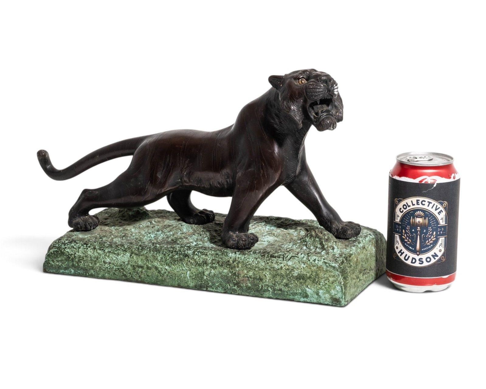Japanese Meiji Bronze Tiger Sculpture with gold tone Cabochon Eyes, Circa 1900 - 2