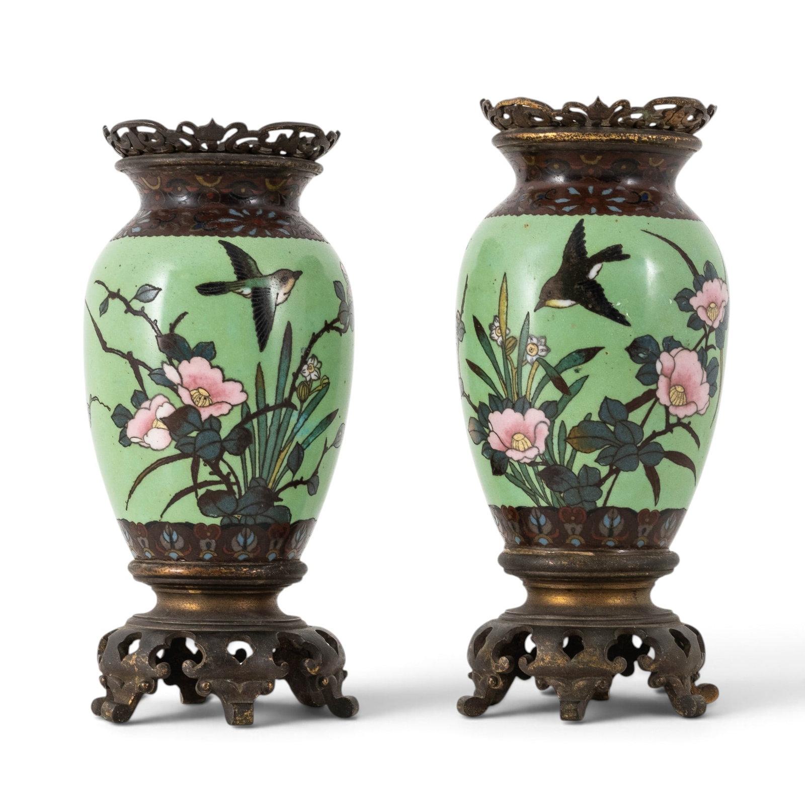 Pair Japanese Meiji Period Cloisonne Enamel Vases with Bronze Mounts, Circa 1900: Keywords: Japanese Art, Meiji Period, Cloisonne, Enamelwork, Bird And Flower, Swallows, Floral Decoration, Celadon Green, Bronze Mounts, Pierced Bronze, Polychrome Enamel, Asian Decorative Arts, Pair 