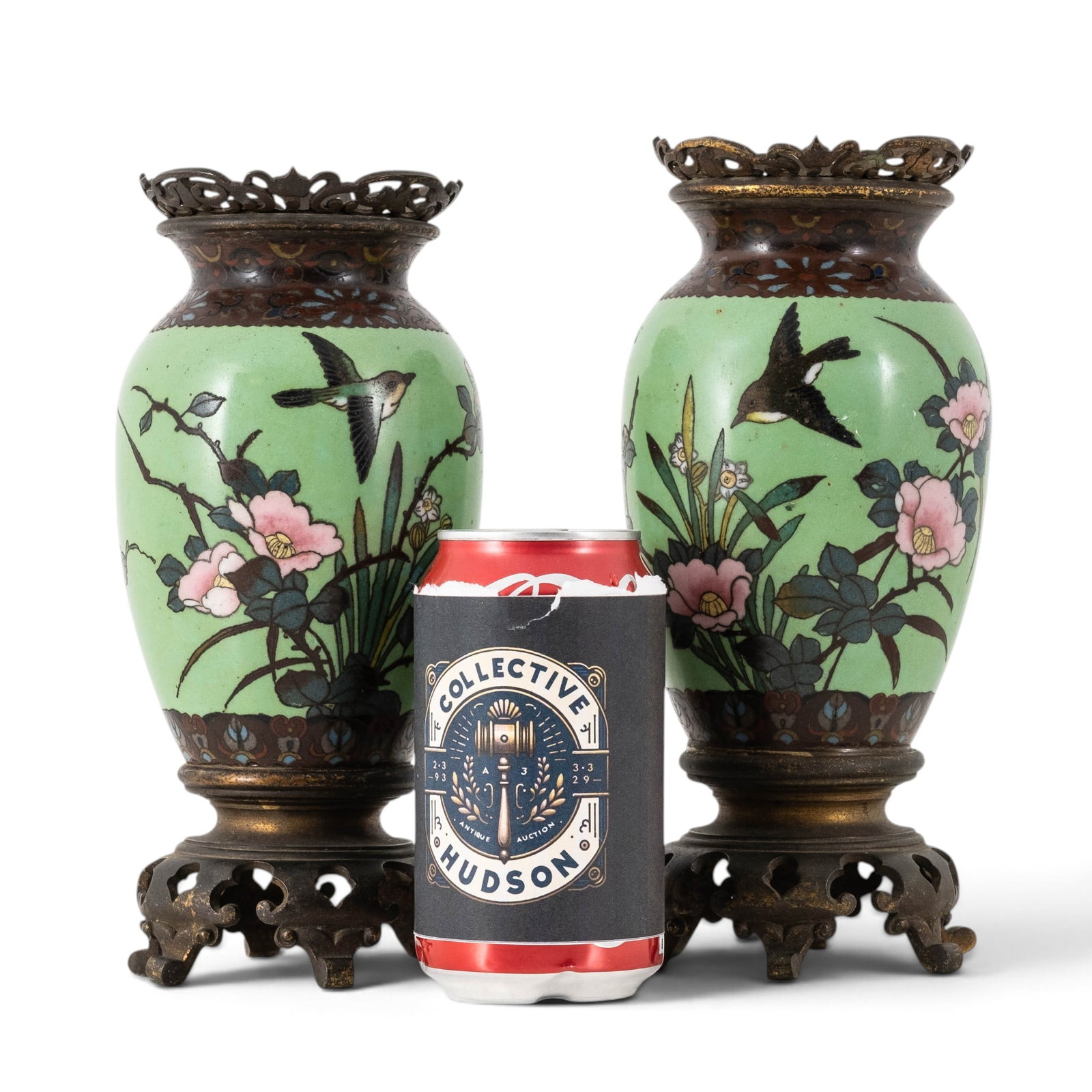 Pair Japanese Meiji Period Cloisonne Enamel Vases with Bronze Mounts, Circa 1900 - 2