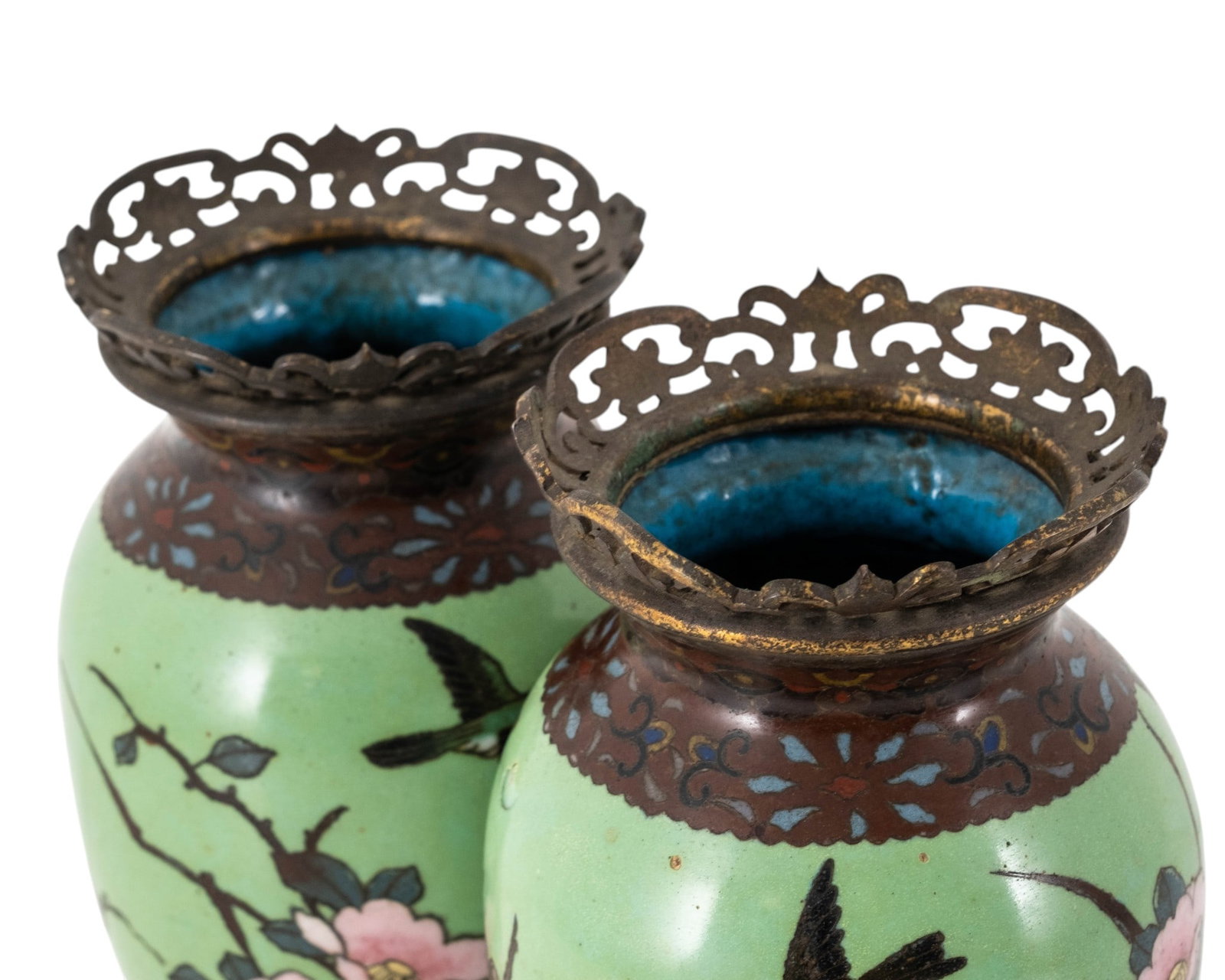 Pair Japanese Meiji Period Cloisonne Enamel Vases with Bronze Mounts, Circa 1900 - 4