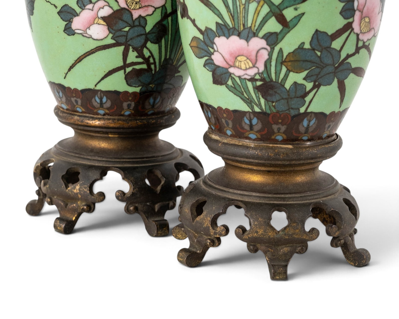 Pair Japanese Meiji Period Cloisonne Enamel Vases with Bronze Mounts, Circa 1900 - 5
